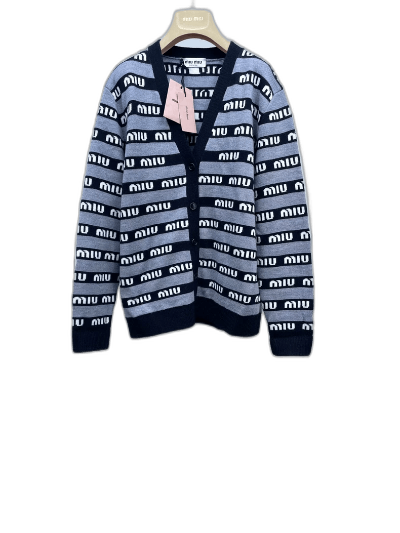 Prada Miu Miu Black Gray Striped Knit Cardigan Size US M / EU 48-50 / 2 - 1 Thumbnail