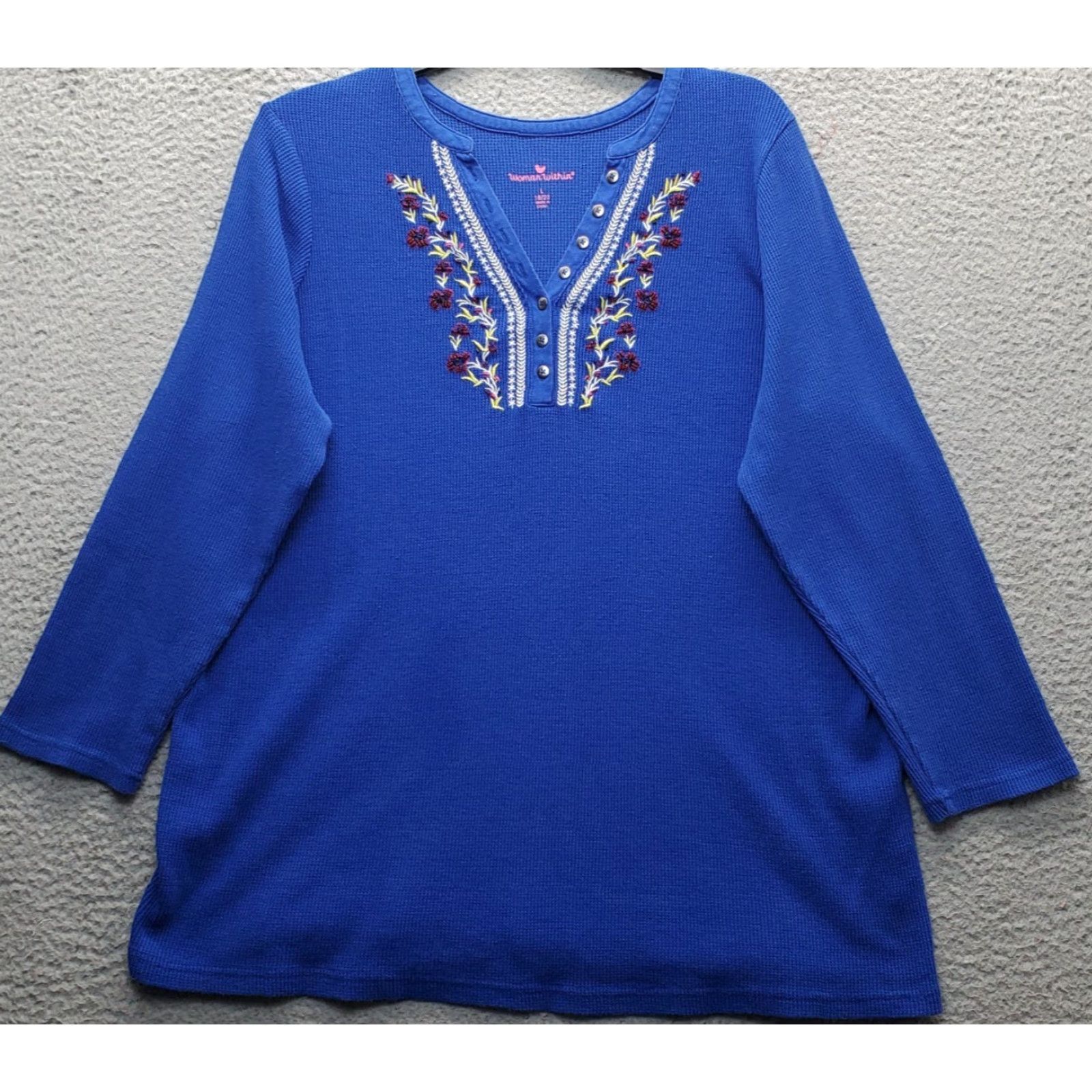 Vintage VINTAGE Woman Within Thermal Henley Shirt Womens L Blue Waffle Knit Beaded Embroidered Size L / US 10 / IT 46 - 2 Thumbnail