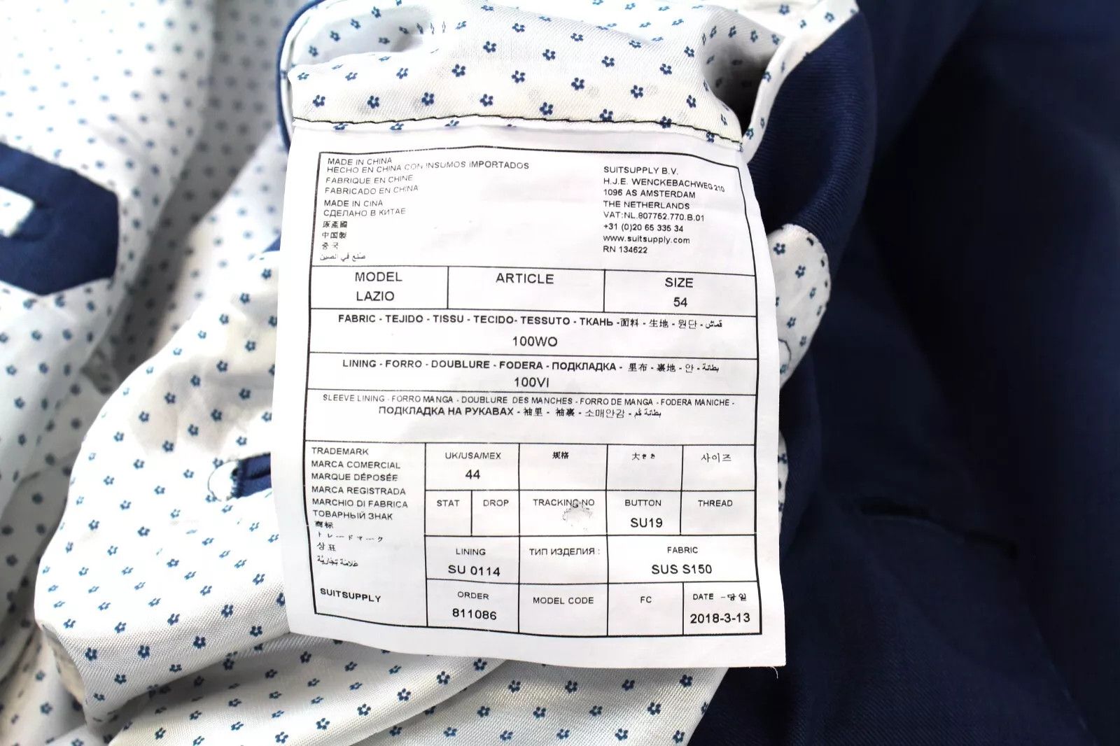 Suitsupply LAZIO UK44 Blue Wool Lined Blazer 59739 Size 44R - 6 Thumbnail
