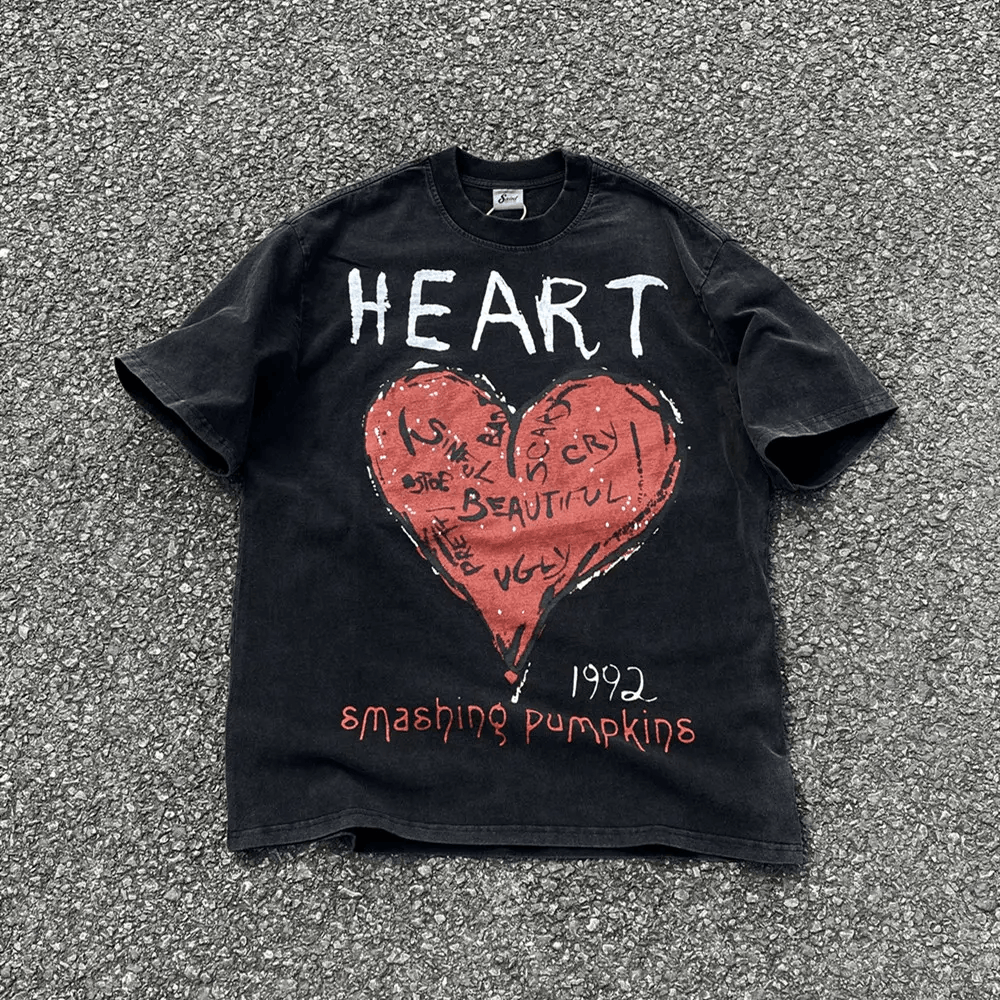 Vintage Street Retro Heart Print Loose Short Sleeve T-Shirt Size US M / EU 48-50 / 2 - 1 Thumbnail