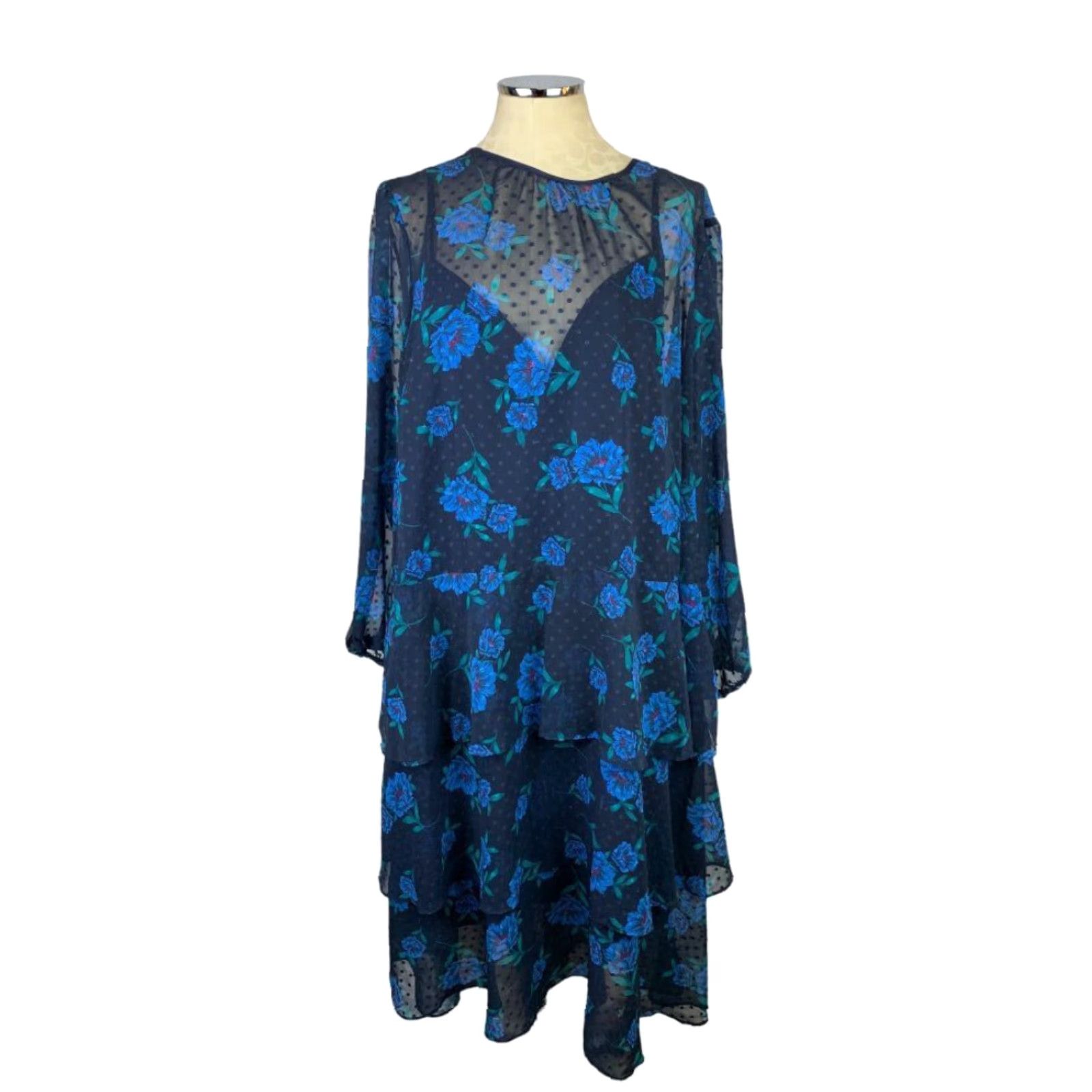 Vintage VINTAGE 24W Draper James for Eloquii Women's Blue Floral Swiss Dot Dress Dress Size 4XL / US 24-26 - 2 Thumbnail