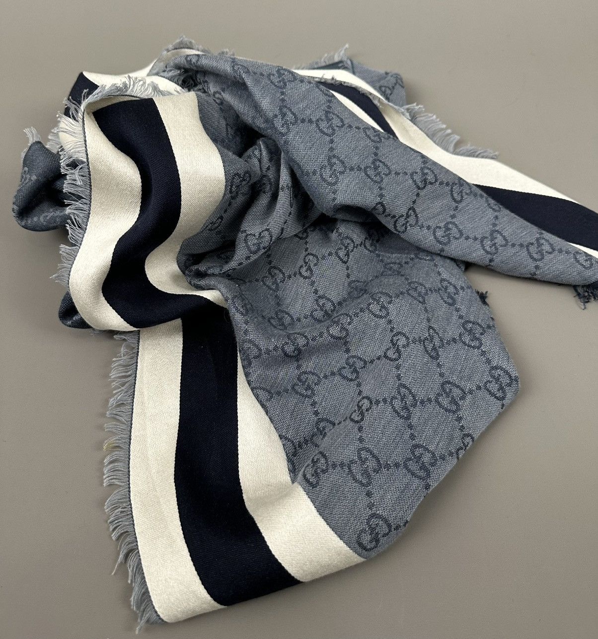 Gucci - GG Monogram Pattern - Silk Fringe - Stole Blue Scarf