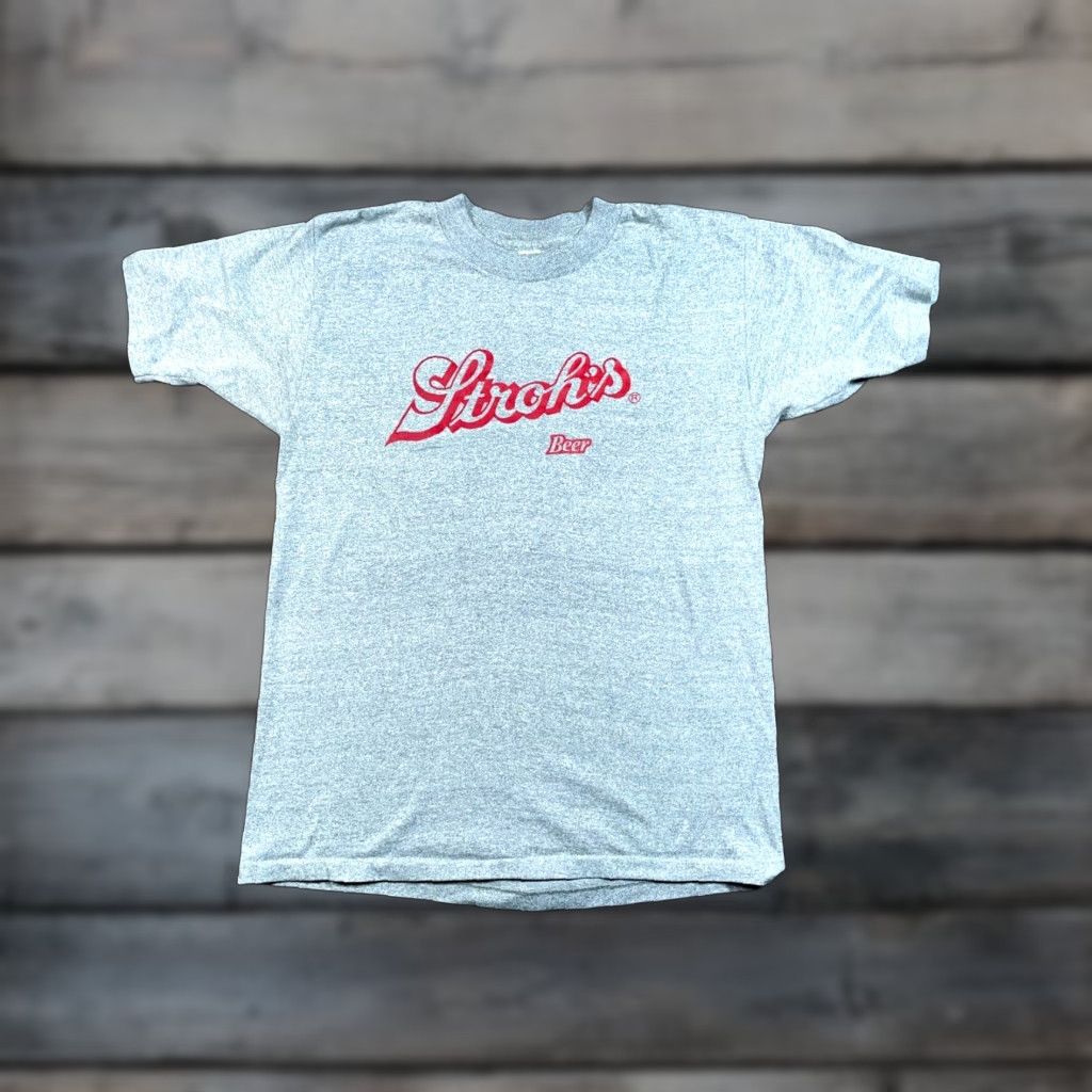 VTG 80s Stroh's Beer Logo Print T-Shirt Adult Medium Gray
