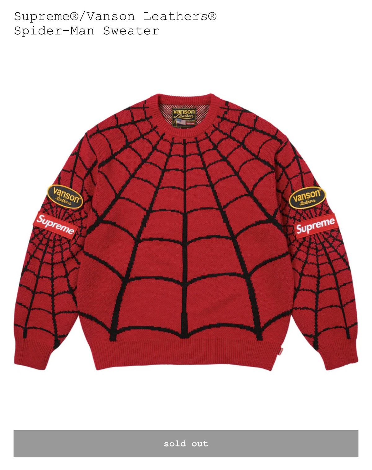 Supreme × Vanson Leathers Supreme®/Vanson Leathers® Spider-Man Sweater Size US M / EU 48-50 / 2 - 1 Thumbnail