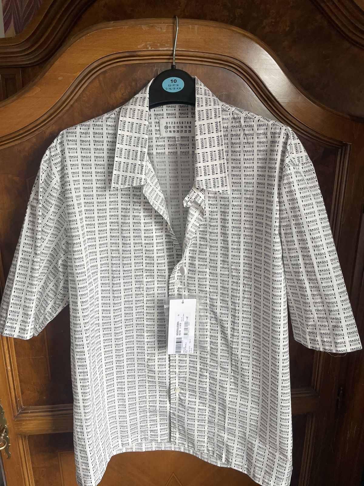 image of Maison Margiela Margiela White Short Sleeve Shirt Fragile Print, Men's (Size Medium)
