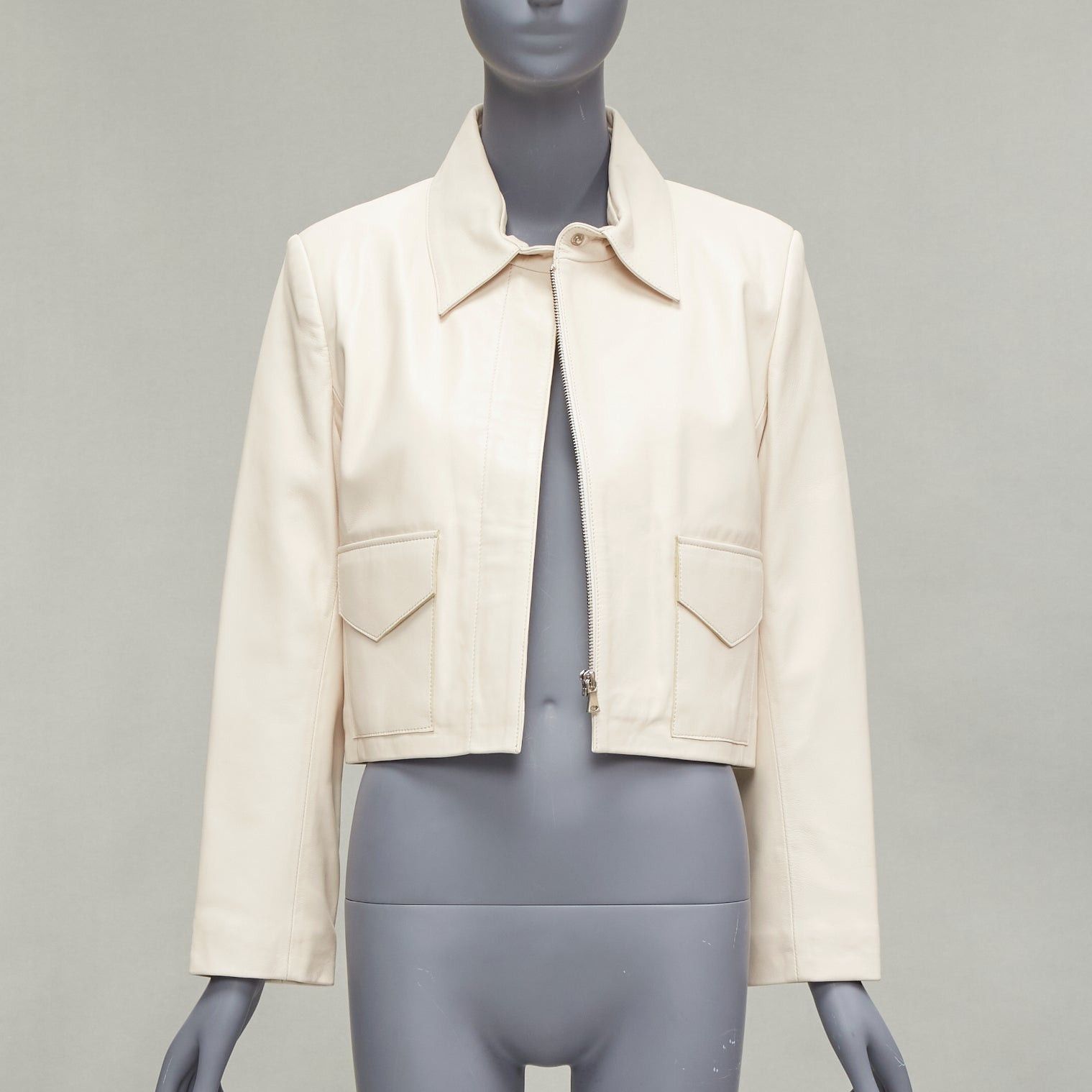image of Nour Hammour Cream Lambskin Minimal Dual Pocket Cropped Zip Jacket It36 Xxs, Women's