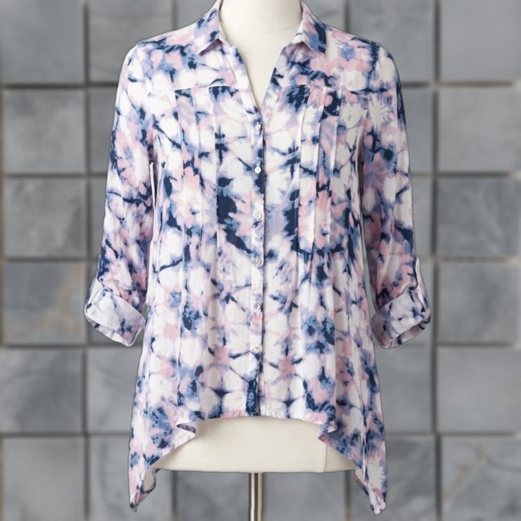 Vintage VINTAGE America Blouse Shirt Women XL Pink Blue Pastel Roll Tab Sleeves Abstract Long Sleeve Button Casual Office Size XL / US 12-14 / IT 48-50 - 1 Thumbnail