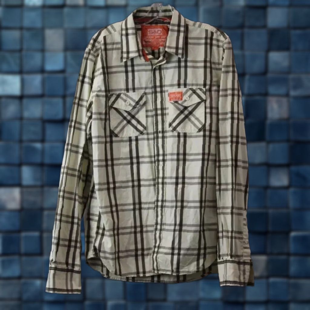 Superdry Superdry The Shirt Shop Men's Ivory & Brown Plaid Button Up Dress Shirt XL Size 46R - 1 Thumbnail