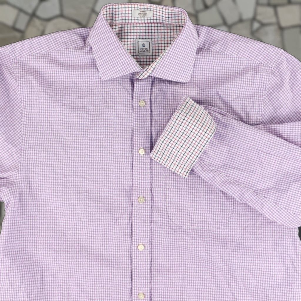 Peter Millar Peter Millar Shirt Purple Men L Check Button Down Textured Flip Cuff Cotton Size US L / EU 52-54 / 3 - 1 Thumbnail