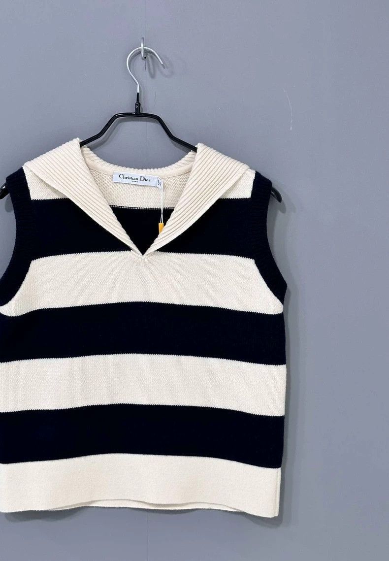 Dior Striped Knit Vest with Navy Collar-2505 Size S / US 4 / IT 40 - 2 Thumbnail