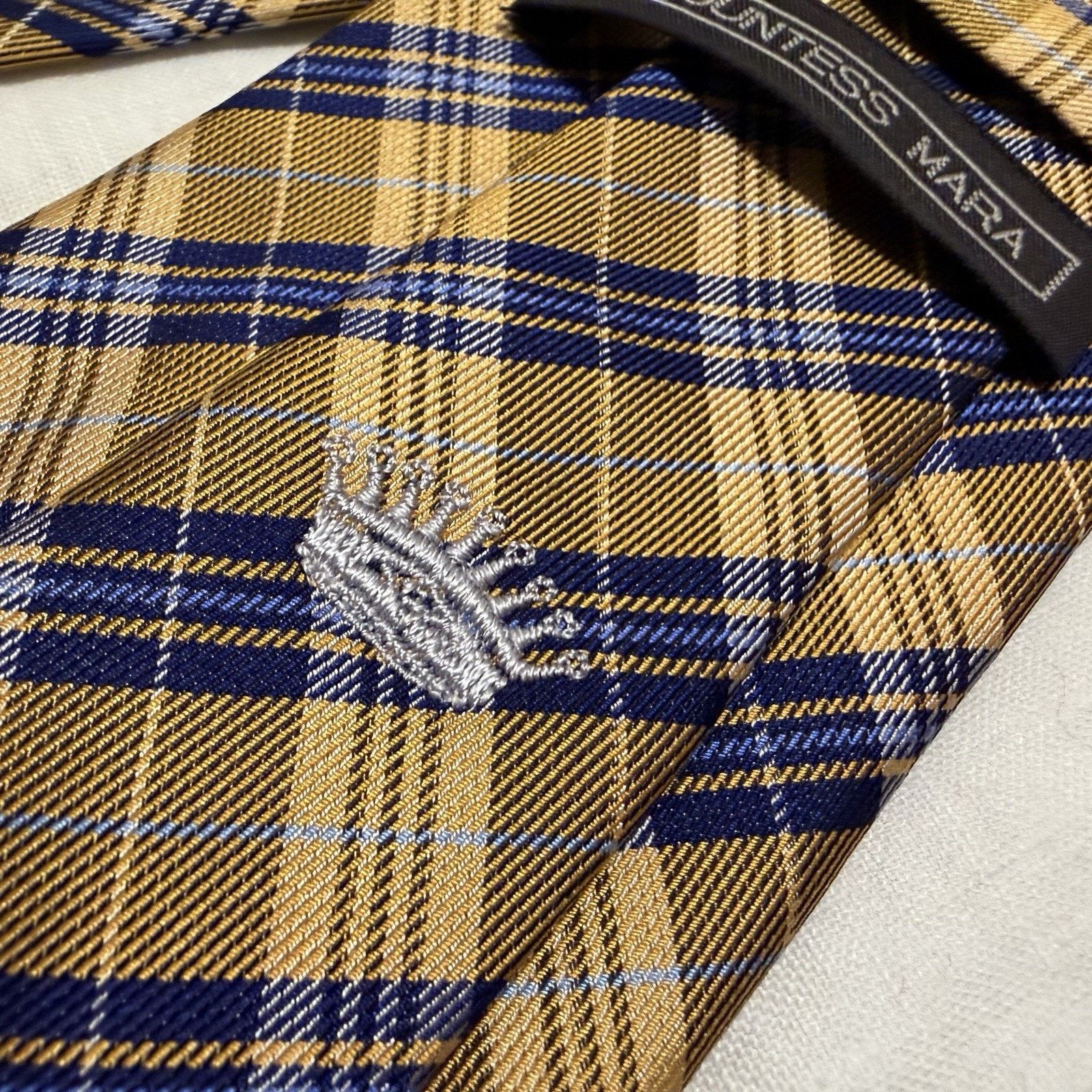 Countess Mara Countess Mara Gold/Navy Plaid Silk Tie – Crown Logo Classic Size ONE SIZE - 3 Thumbnail