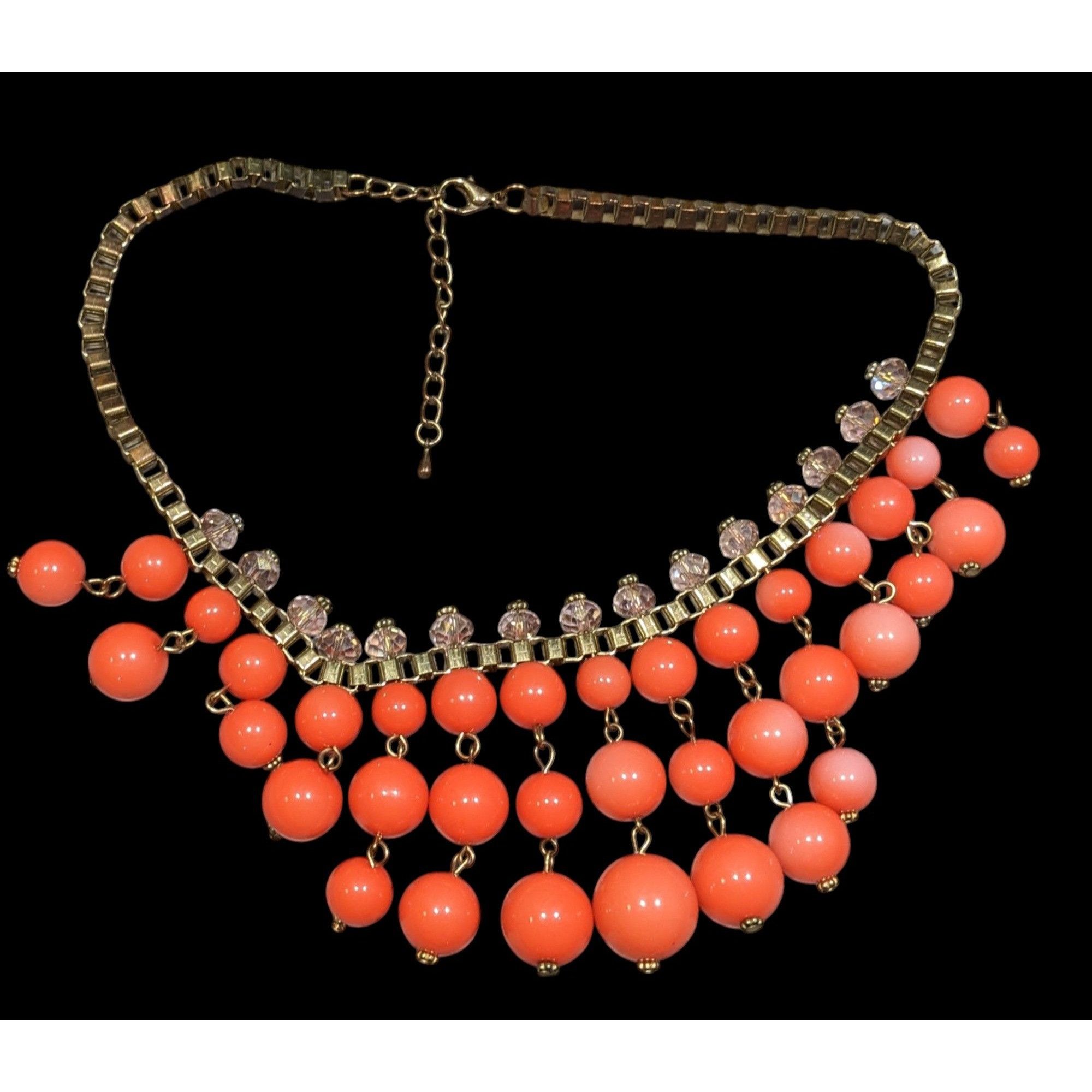 Other Vintage Salmon Beaded Fringe Necklace On Gold Tone Box Chain Size ONE SIZE - 3 Thumbnail