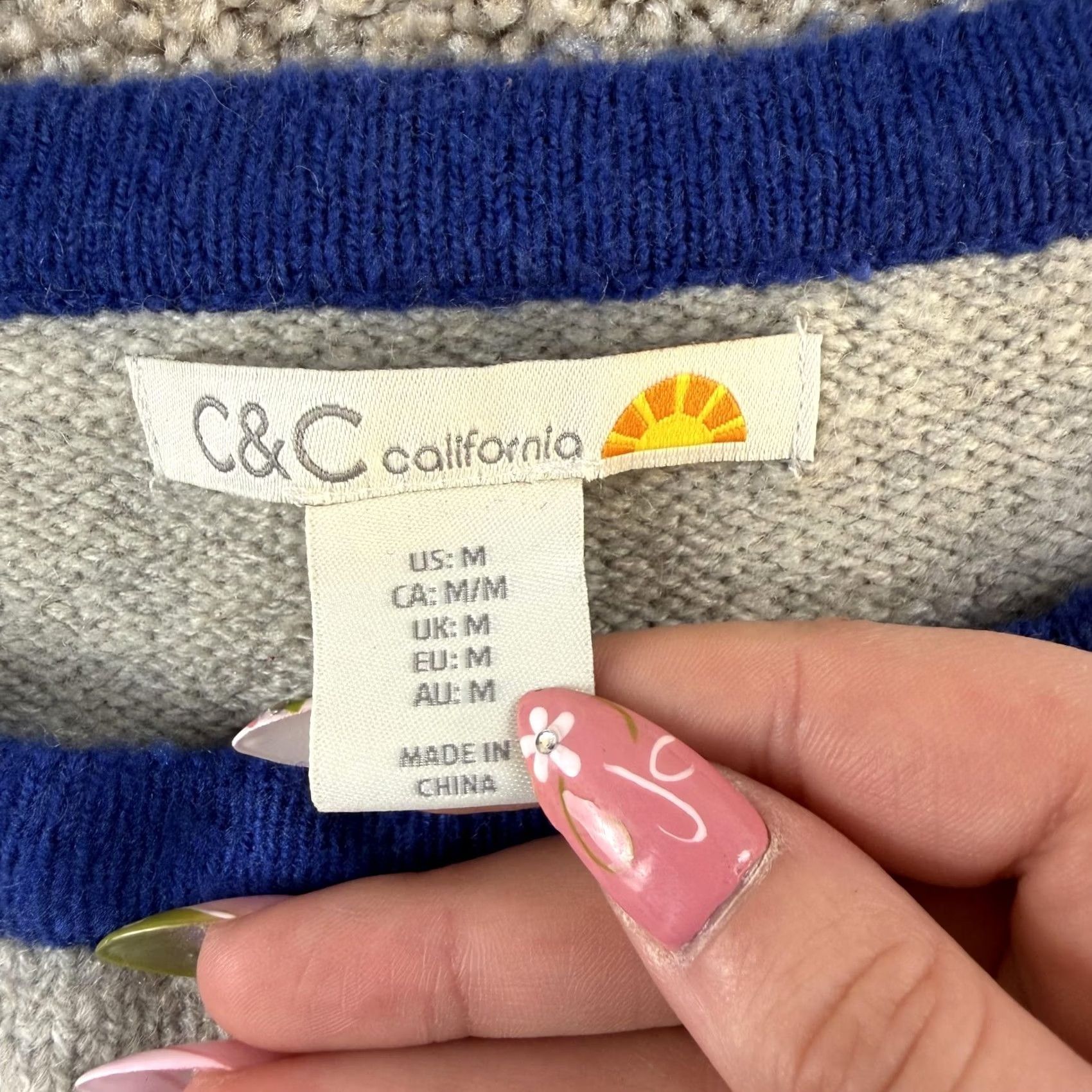 Vintage C&C California Sweater Womens Medium Blue Stripe Crew Neck Tight Knit Pullover Size M / US 6-8 / IT 42-44 - 3 Thumbnail