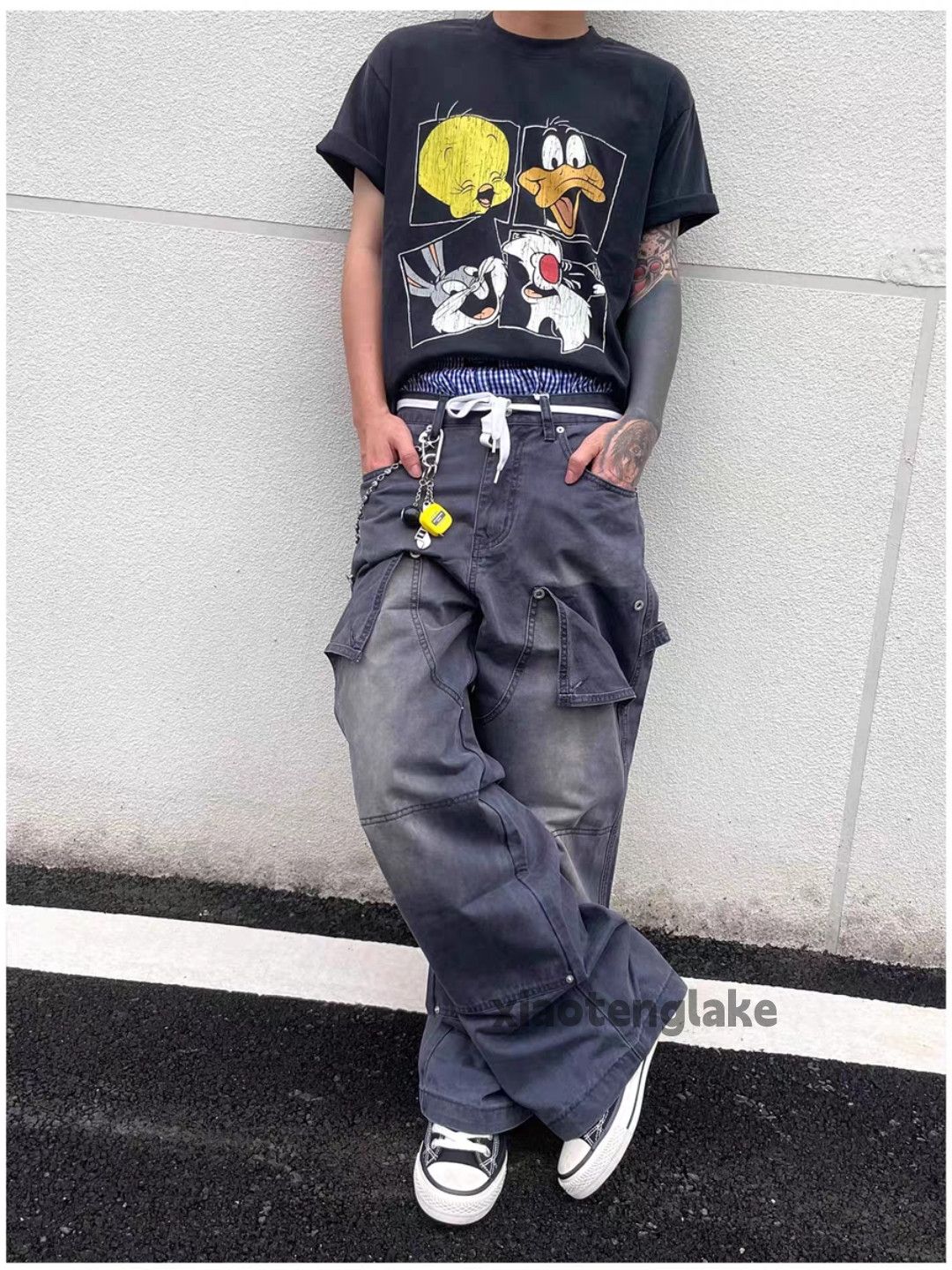 Designer Unisex washed faded loose baggy hiphop carpenter pants Size US 33 - 1 Thumbnail