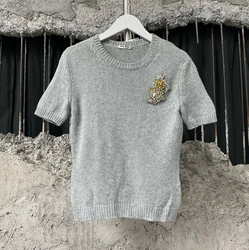 Miu Miu Miu Miu Gray Short Sleeve Pullover Sweater 0089 Size ONE SIZE - 1 Thumbnail