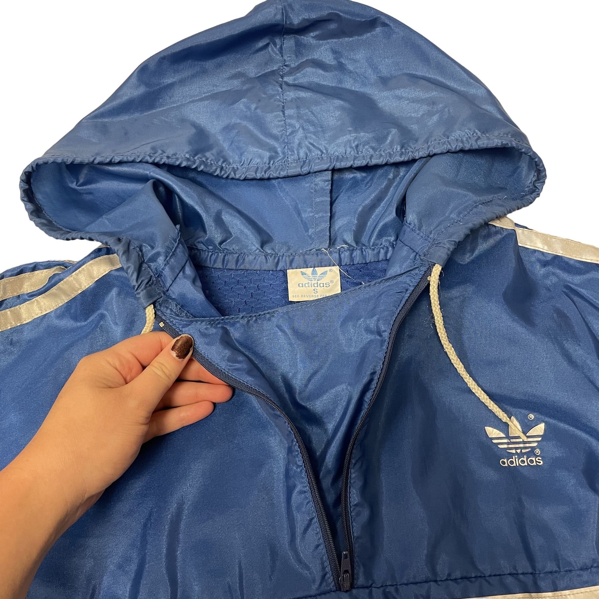 Adidas Vtg Adidas SHINY Antron Nylon Silver TREFOIL 3 Stripe Jacket Size US S / EU 44-46 / 1 - 12 Thumbnail
