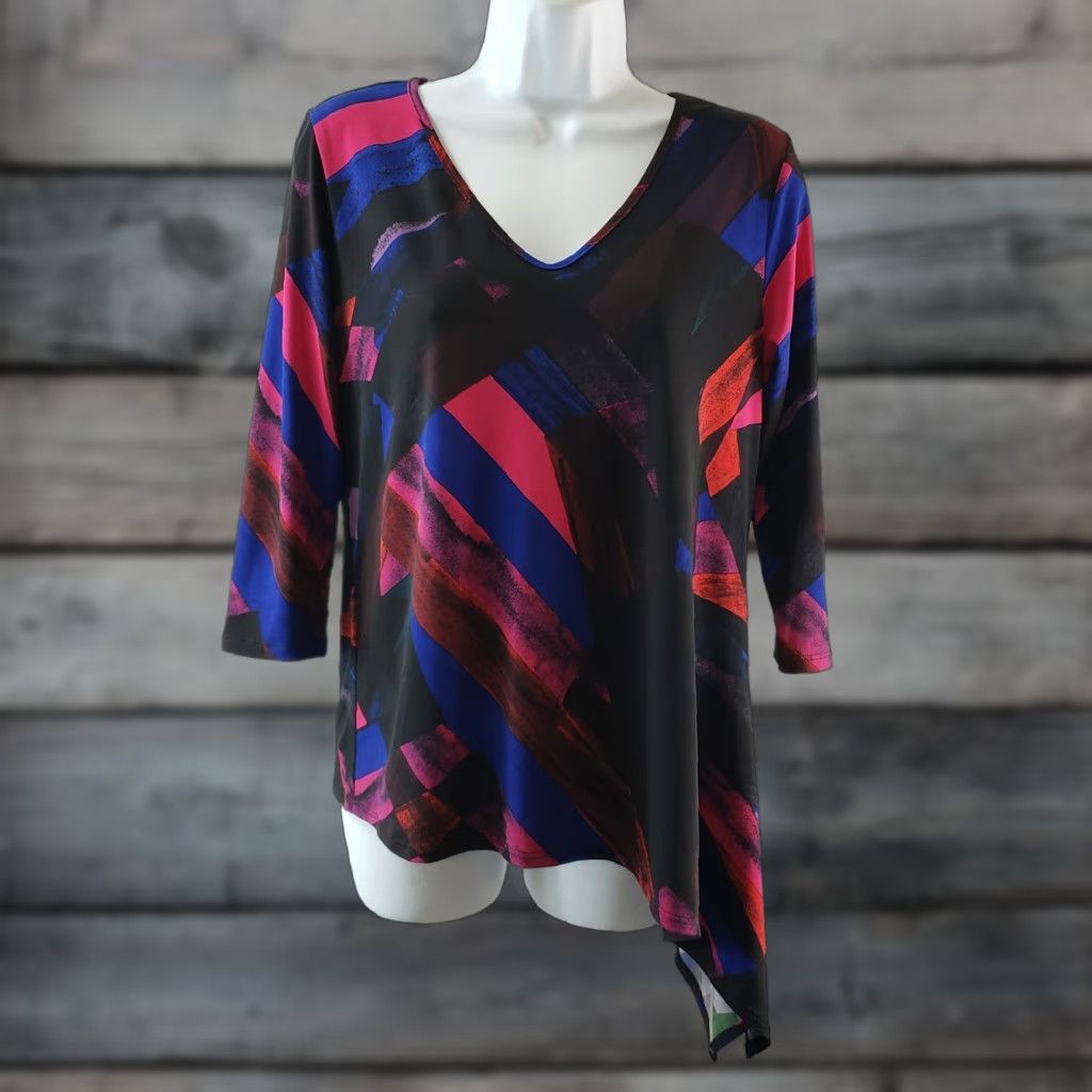 Pinko Clara Sun Woo Womens Asymmetrical Top XS Black Pink 3/4 Sleeve V-Neck Blouse Tops Womens XS Black Pink Colorful Decade - Size XS / US 0-2 / IT 36-38 - 1 Thumbnail