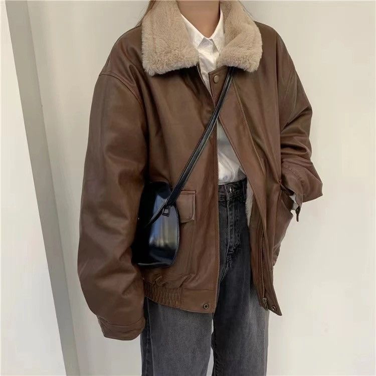 Other Winter Fur PU Leather Vintage Motorcycle Jacket Coat Unisex Size ONE SIZE - 3 Thumbnail