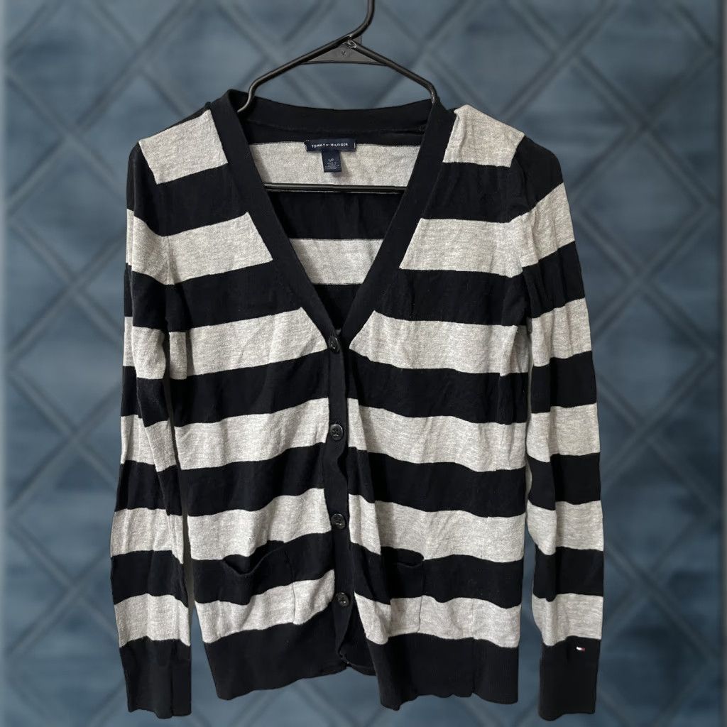 Tommy Hilfiger TOMMY HILFIGER Cardigan Women Small Gray Black Striped Cotton V-Neck Knit Cable Knit Sweater Adult S Womens Size S / US 4 / IT 40 - 1 Thumbnail