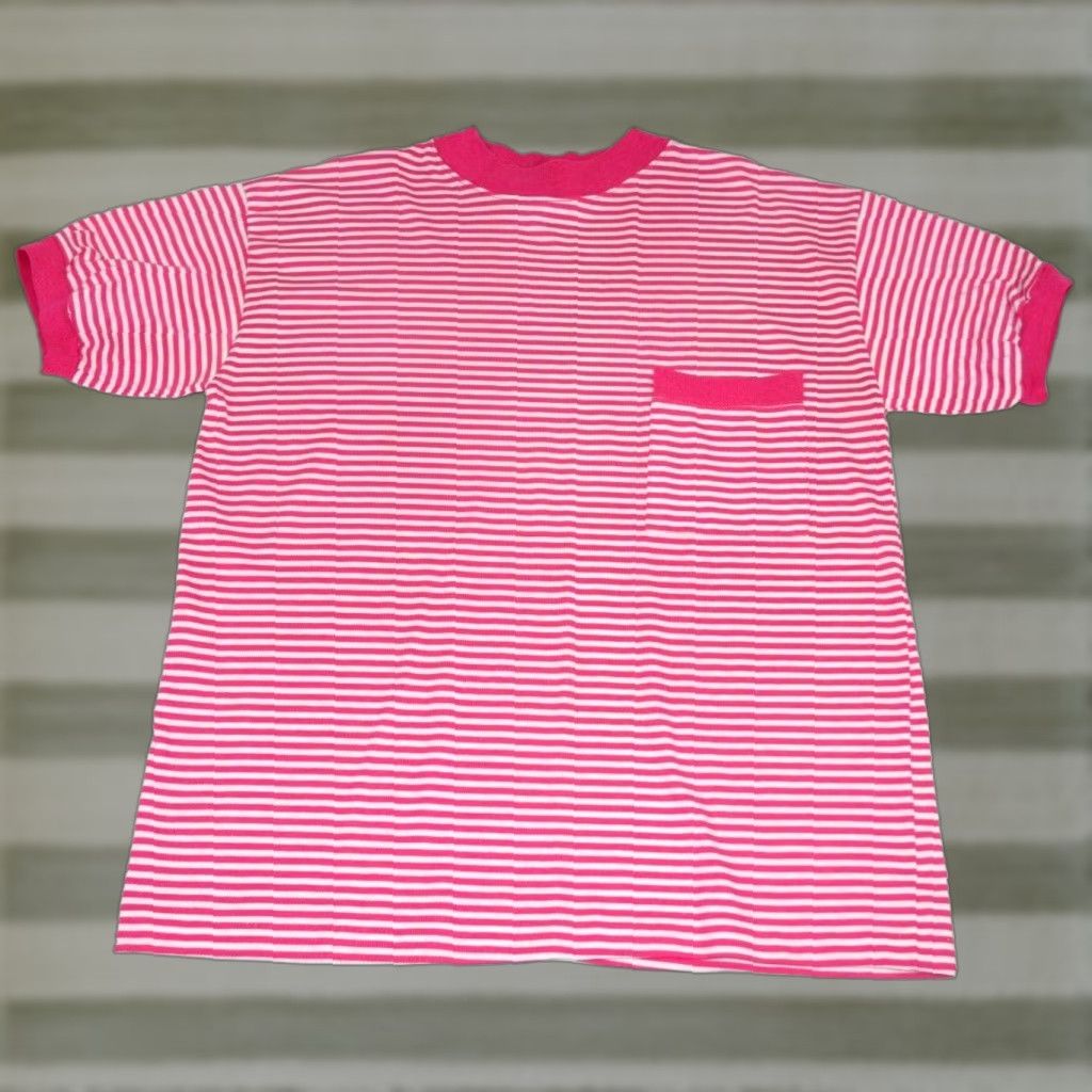 VINTAGE Isla T-Shirt Shirt M/L 80s Pink White Stripe Pocket Cotton Blend Mens Girls 80s Decade Glam Rock