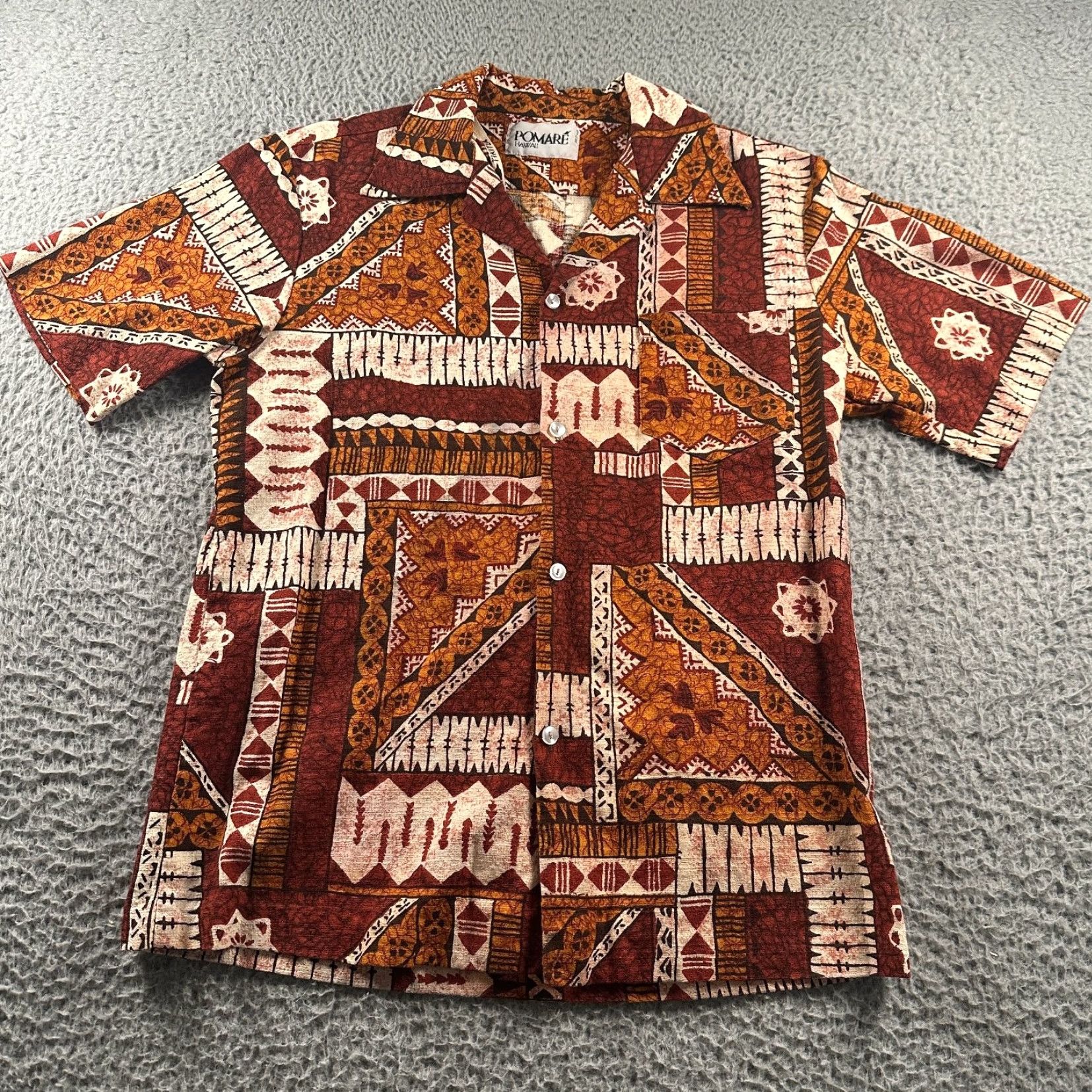 Vintage VINTAGE POMARE Hawaii Men’s Shirt Button-Up Casual 70s Classic Abstract Textured Brown Rust Orange Cream Short Sleeve Collared Chest Pocket M Size US M / EU 48-50 / 2 - 2 Thumbnail