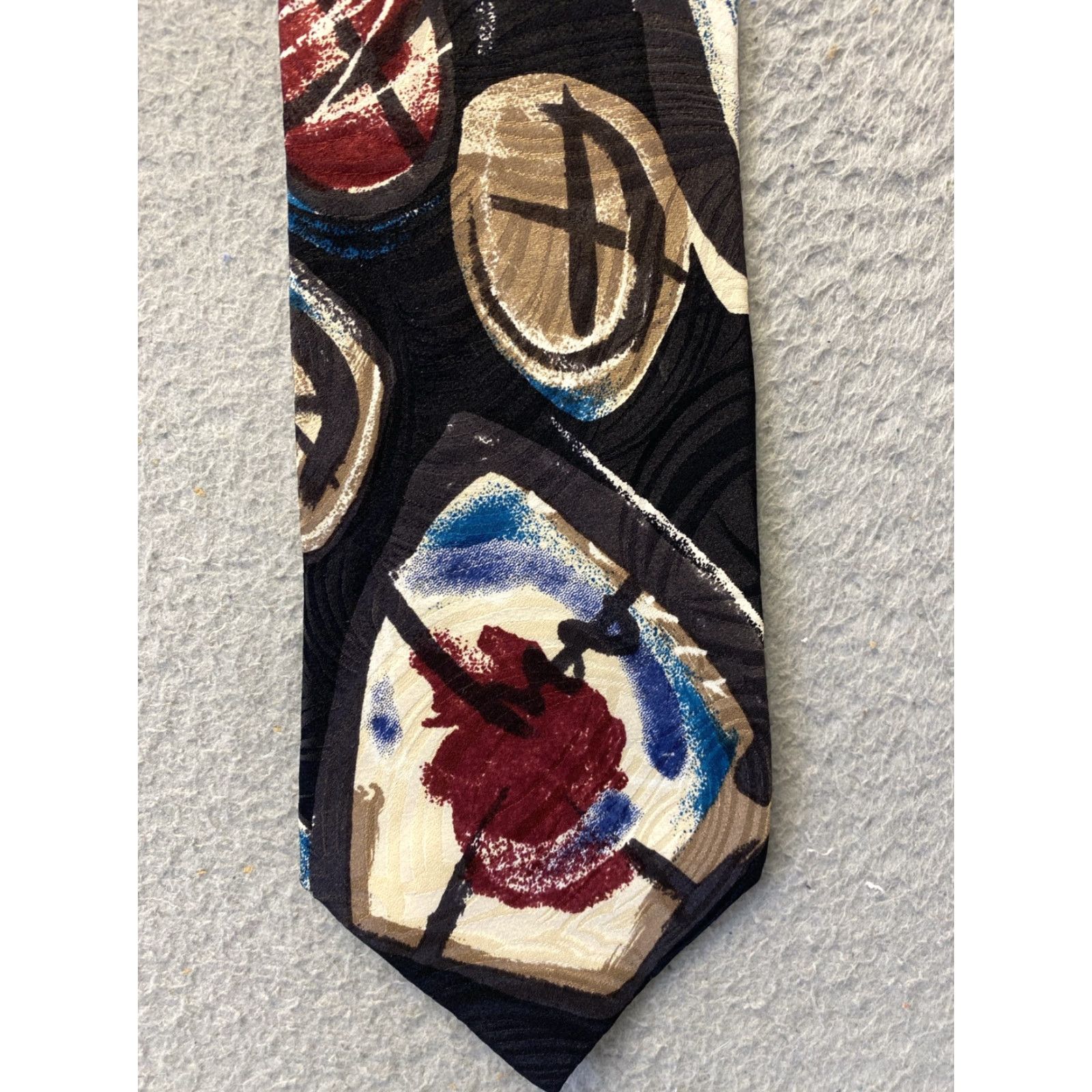 Vintage VINTAGE Roffe New York Men's 57" Tie Silk Geometric Abstract Woven Navy Blue Brown Made in USA Size ONE SIZE - 2 Thumbnail