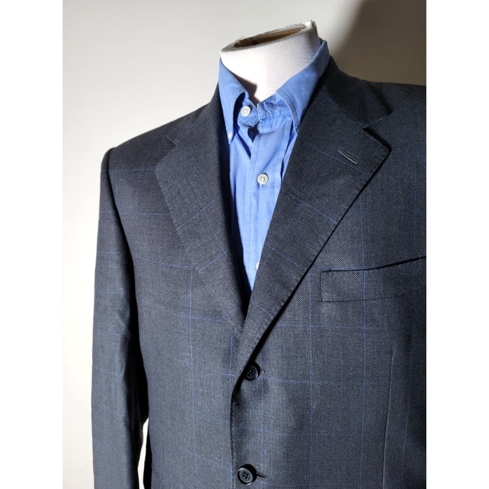 Canali VINTAGE Canali Blue On Charcoal Windowpane CANVAS Check Wool Tweed Jacket Blazer 52R 42R Size 42R - 2 Thumbnail