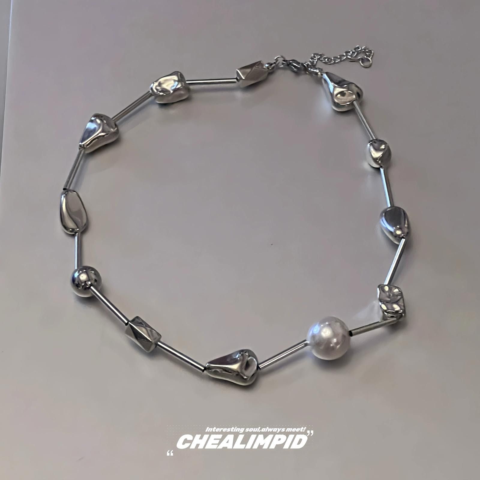 Vintage Silver Geometric Pearl Accent Necklace, Modern Jewelry Size ONE SIZE - 3 Thumbnail