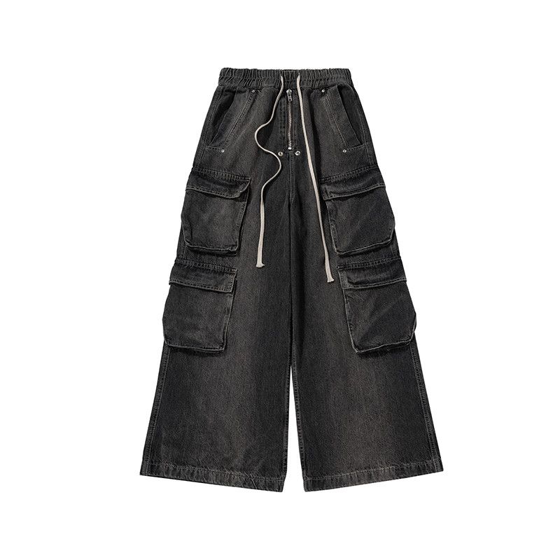 Designer × Japanese Brand × Jean Black Electric Thunder Drawstring Elastic Baggy Cargo Jeans Size US 33 - 4 Thumbnail