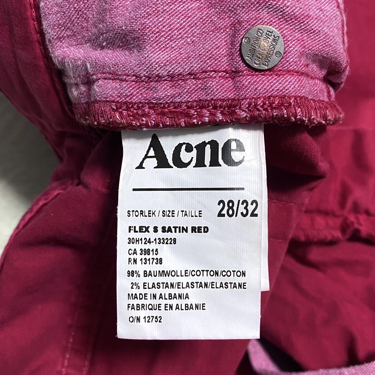 Acne Studios Womens Acne Studios Flex Satin Red Cotton Stretch Pant Jeans Size 28" / US 6 / IT 42 - 14 Thumbnail