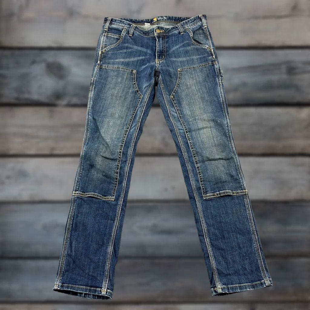 Carhartt Carhartt Jeans Womens 10 Blue Slim Straight Denim Cotton Workwear Pants 5-Pocket Inseam 30in Dark Blue Velvet Logo Zipper Button Size 32" / US 10 / IT 46 - 1 Thumbnail