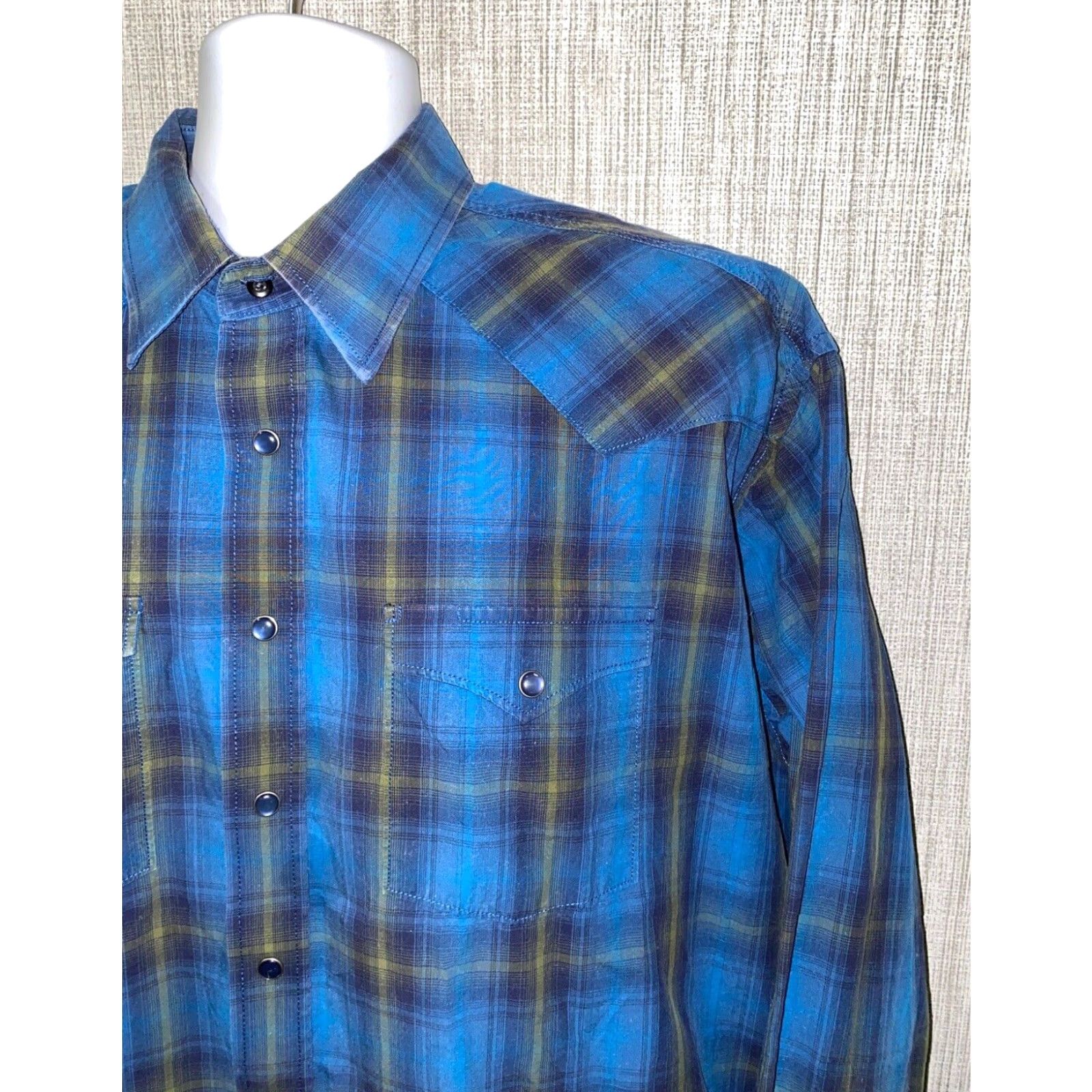 Vintage Panhandle Rough Stock Shirt Men 2XL Plaid Long Sleeve Snap Button Casual Blue/Green Size US XXL / EU 58 / 5 - 2 Thumbnail