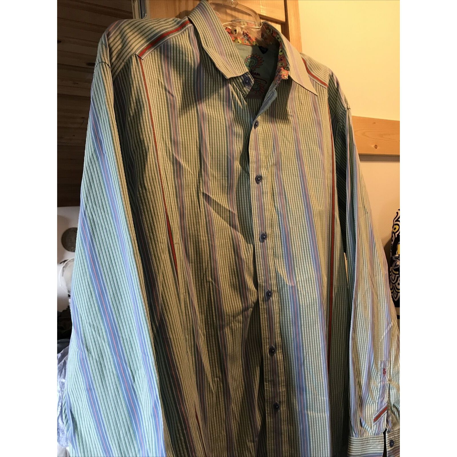 Robert Graham Robert Graham Mens XL Green Striped Long Sleeve Cotton Shirt Size US XL / EU 56 / 4 - 5 Thumbnail