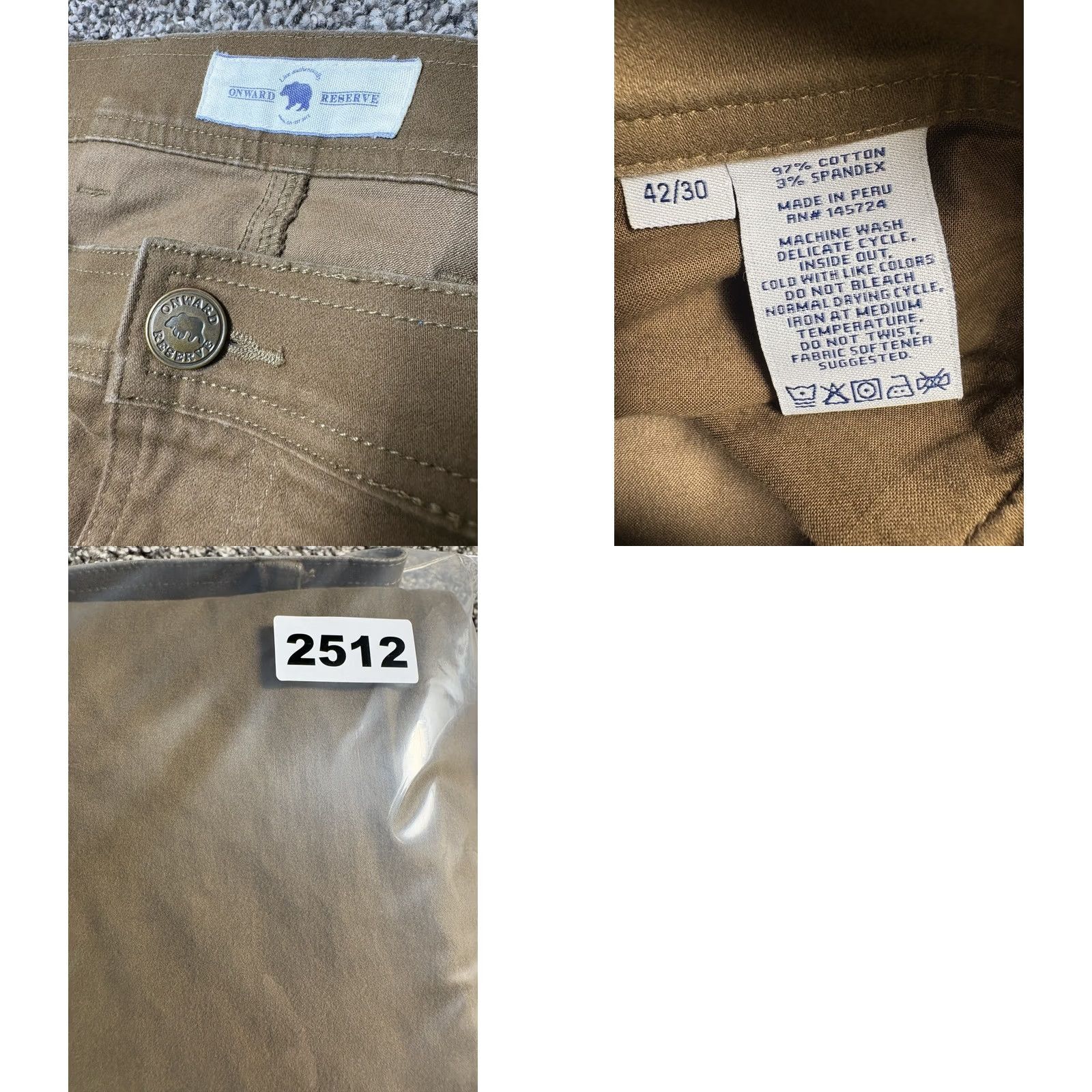 Vintage Onward Reserve Pants Men 42x30 Brown Cotton Stretch Chino Flat Front Pockets Straight 30 In Inseam Size US 42 / EU 58 - 8 Thumbnail