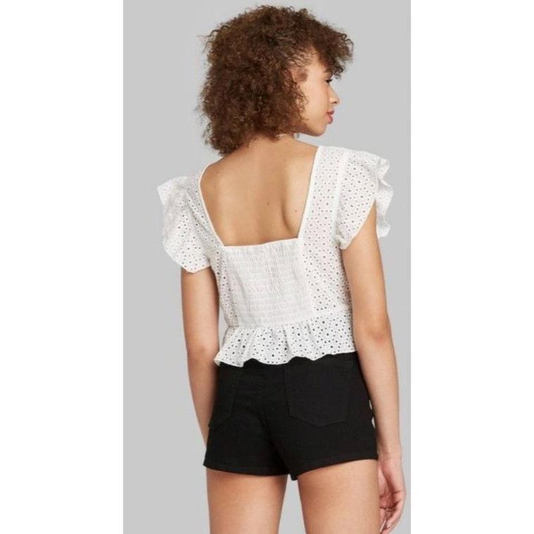 Other Women's Flutter Short Sleeve Eyelet White Crop Top With Ruff Size L / US 10 / IT 46 - 3 Thumbnail