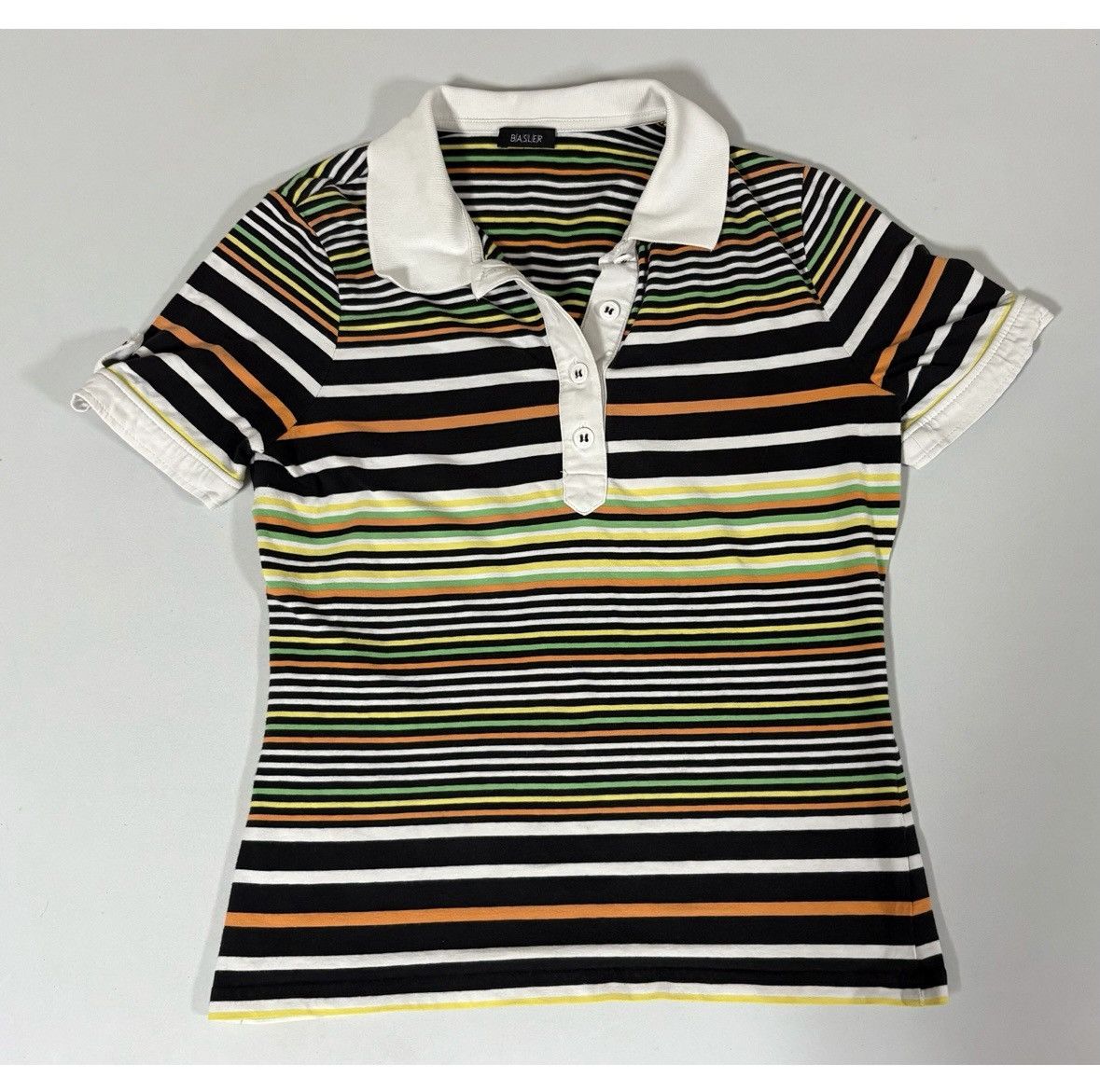 Vintage Basler Striped Collared Polo Shirt Top Blouse Tee Size S🧡💚🖤✨ Size S / US 4 / IT 40 - 2 Thumbnail