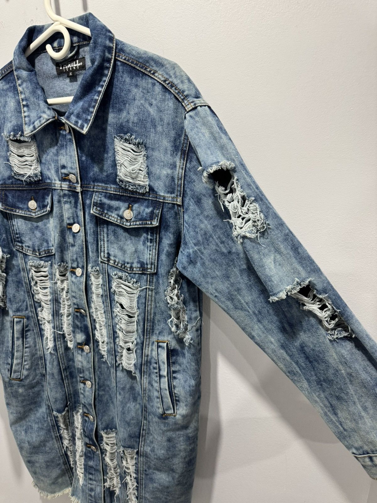 THRILLS Thrashed grunge distressed Y2K long duster denim jacket M Size XL / US 12-14 / IT 48-50 - 2 Thumbnail