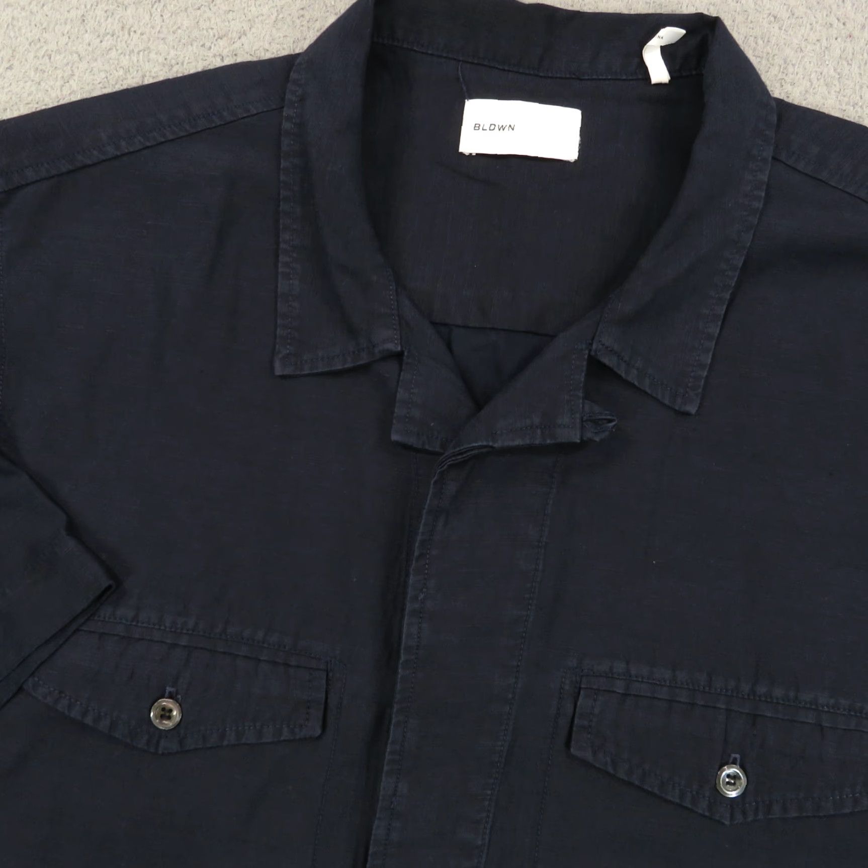 Vintage BLDWN Shirt Mens XL Navy Blue Linen Cotton Loop Collar Short Sleeve Button Up KS Vintage Brand BLDWN Size US XL / EU 56 / 4 - 2 Thumbnail