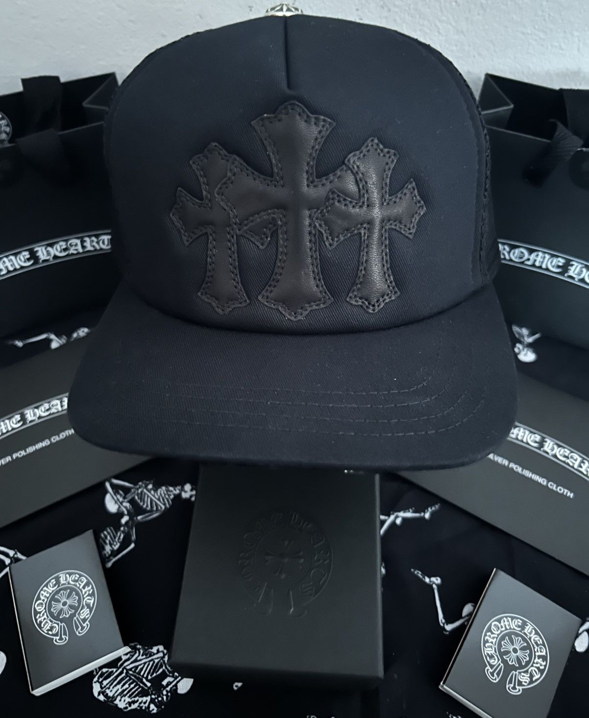 Chrome Hearts Black Lamb Leather Cemetery 3 Crosses Hat