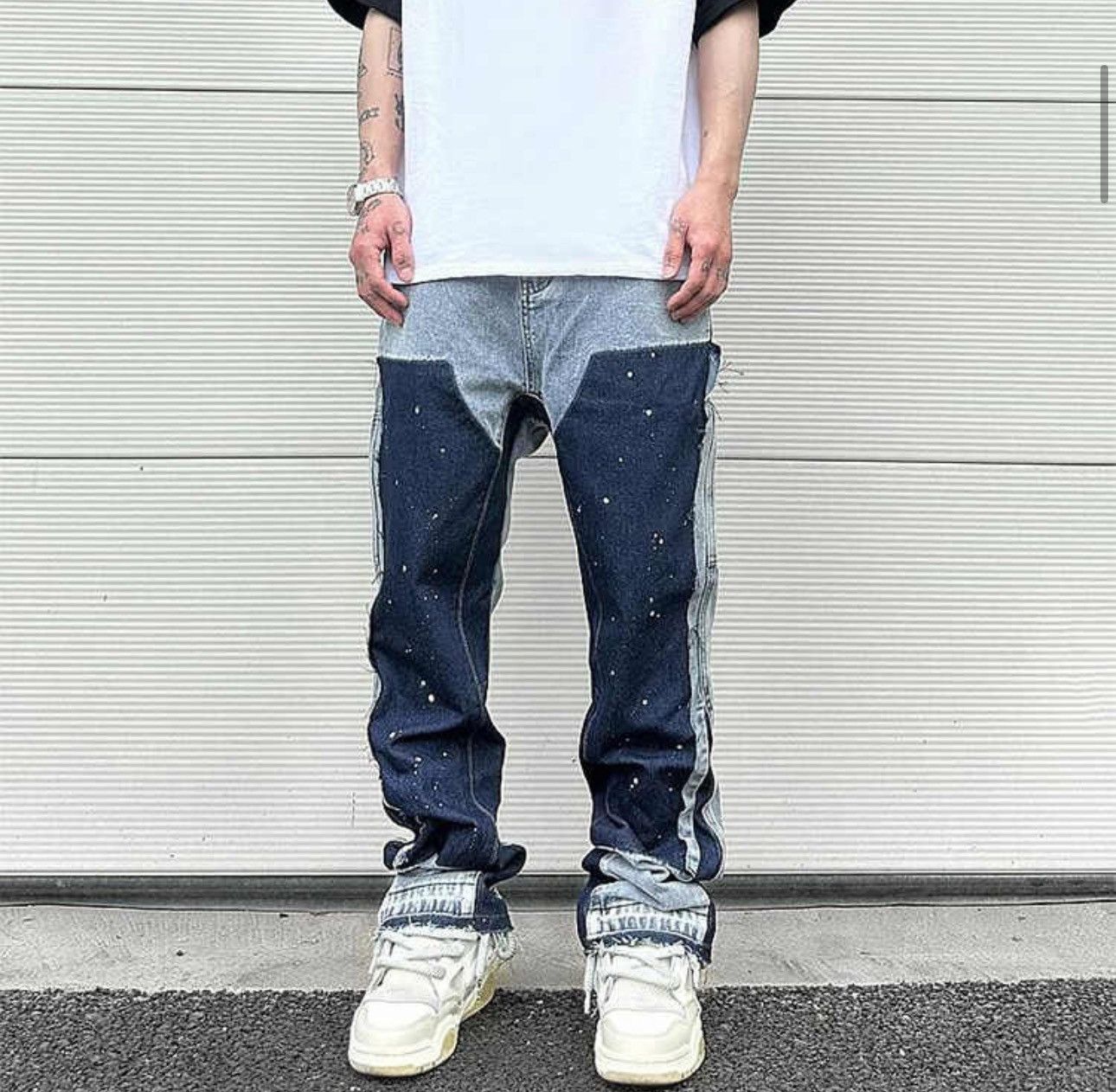 image of Distressed Denim Graffiti Black Flared Denim Pant in Blue, Men's (Size 30)