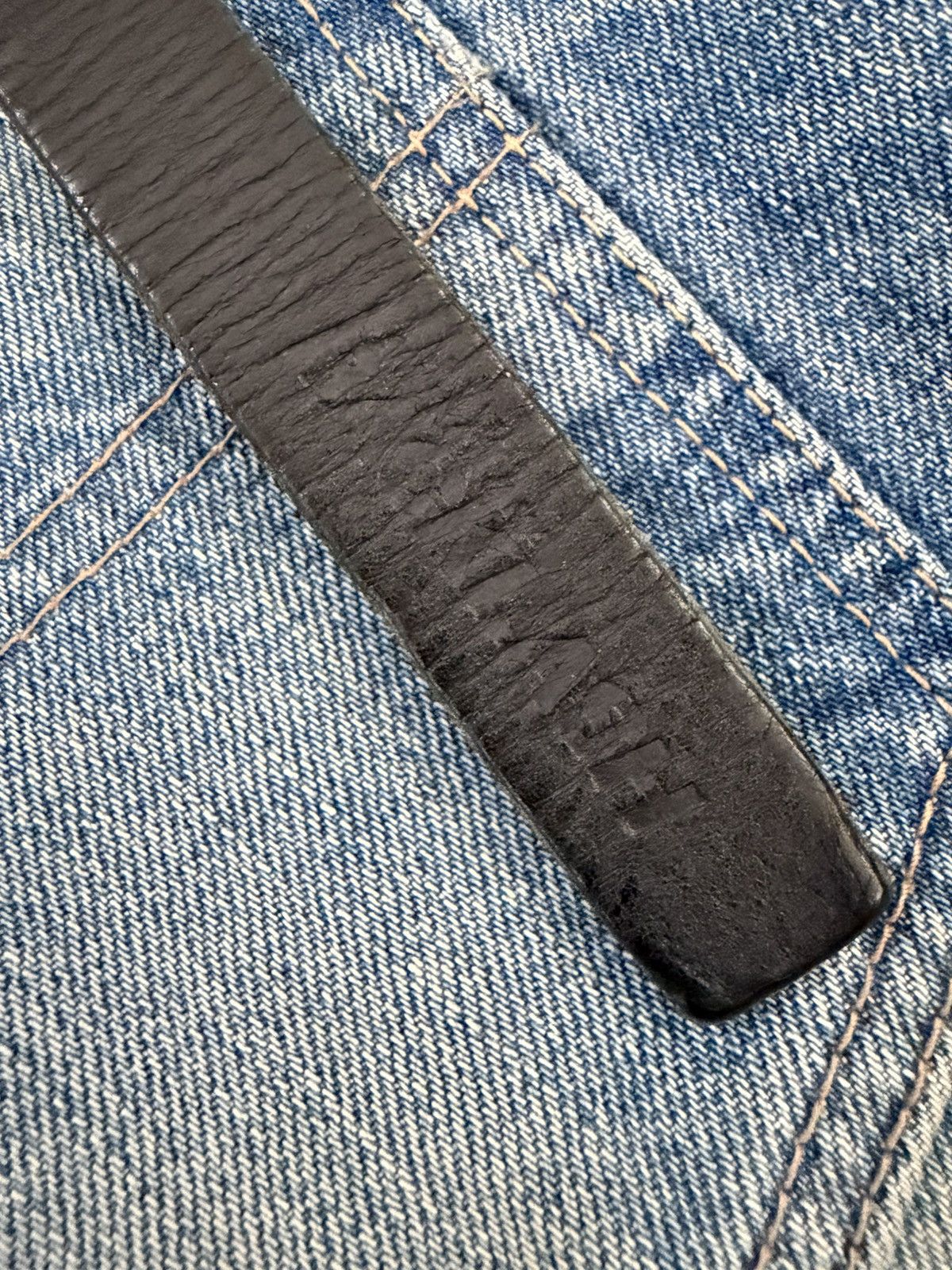 Isamu Katayama Backlash AW12 Blue Cowhide Leather Heelbite Repair Bootcut Denim Size US 33 - 7 Thumbnail