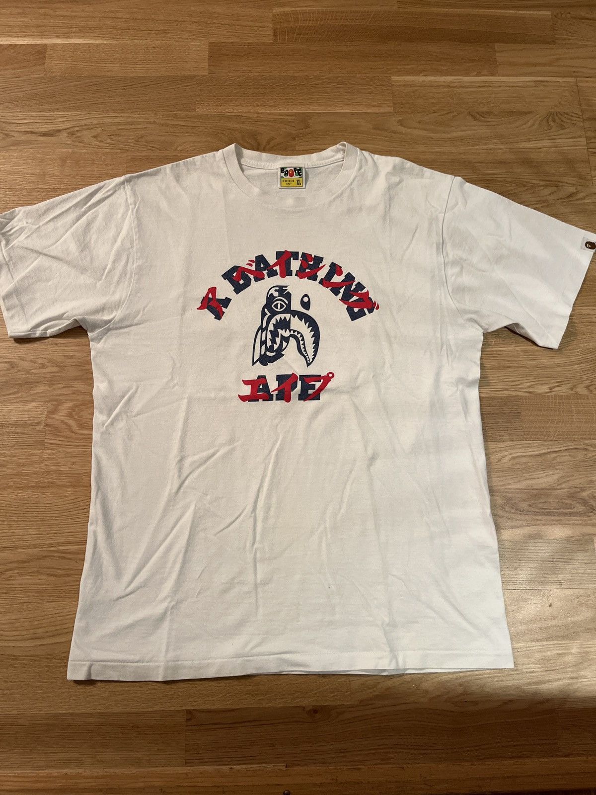 image of Bape Tiger Shark Katakana College Tee in White, Men's (Size XL)