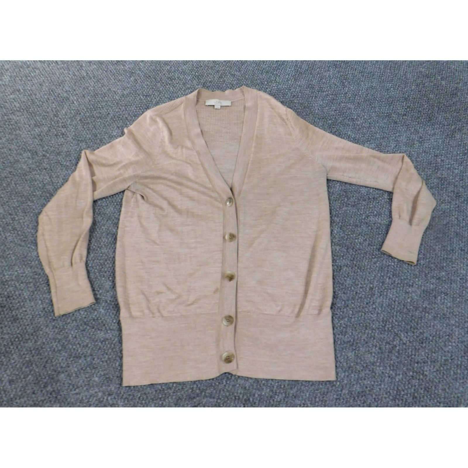 Loft LOFT Cardigan Sweater Womens L Beige Knit Rib Button V-Neck Stretch Casual Modern Designer Fall Winter Spring Size L / US 10 / IT 46 - 2 Thumbnail