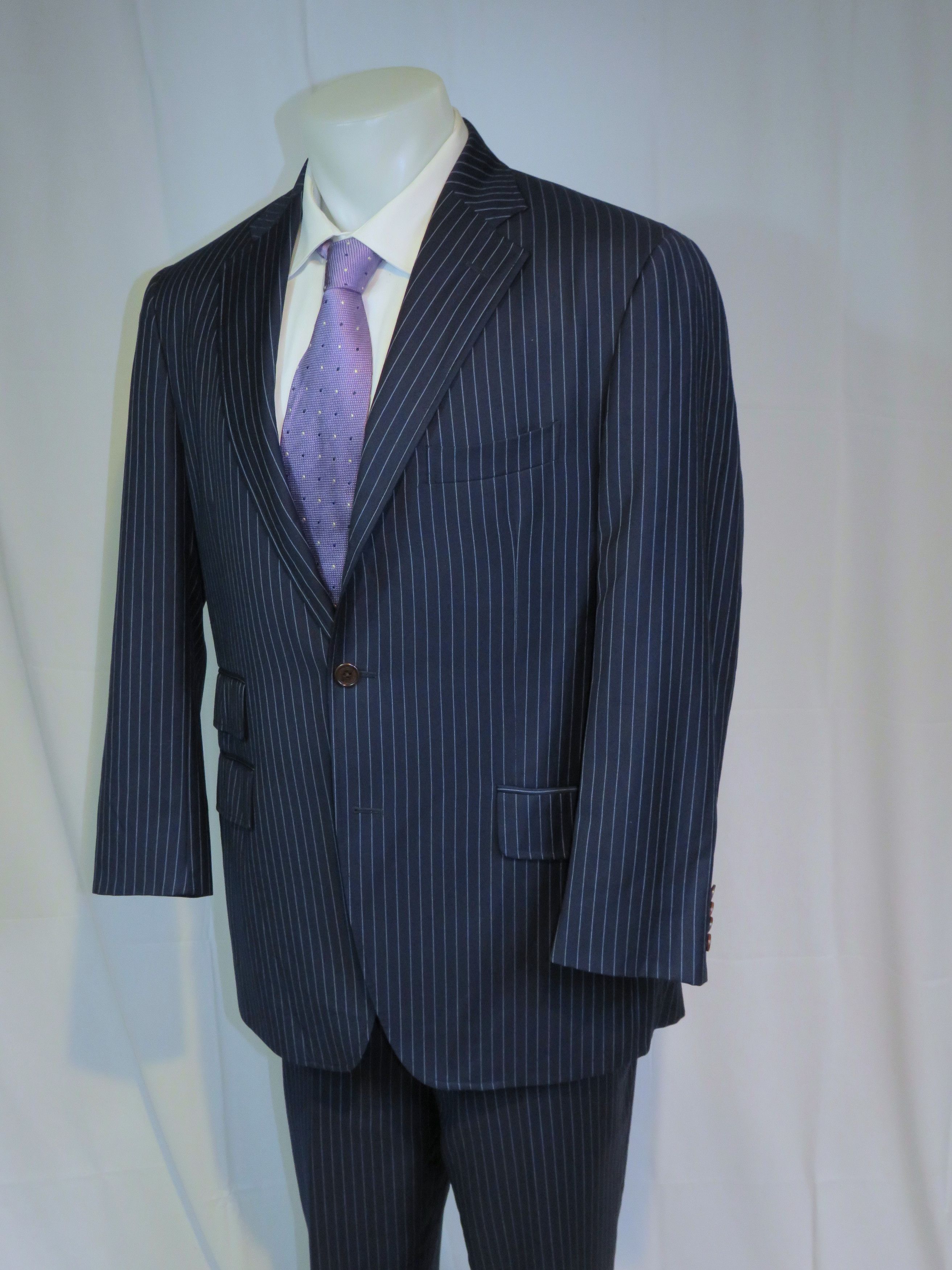 Etro Navy Blue Striped Flat Front Three Roll Two Suit 44 Size 44R - 7 Thumbnail