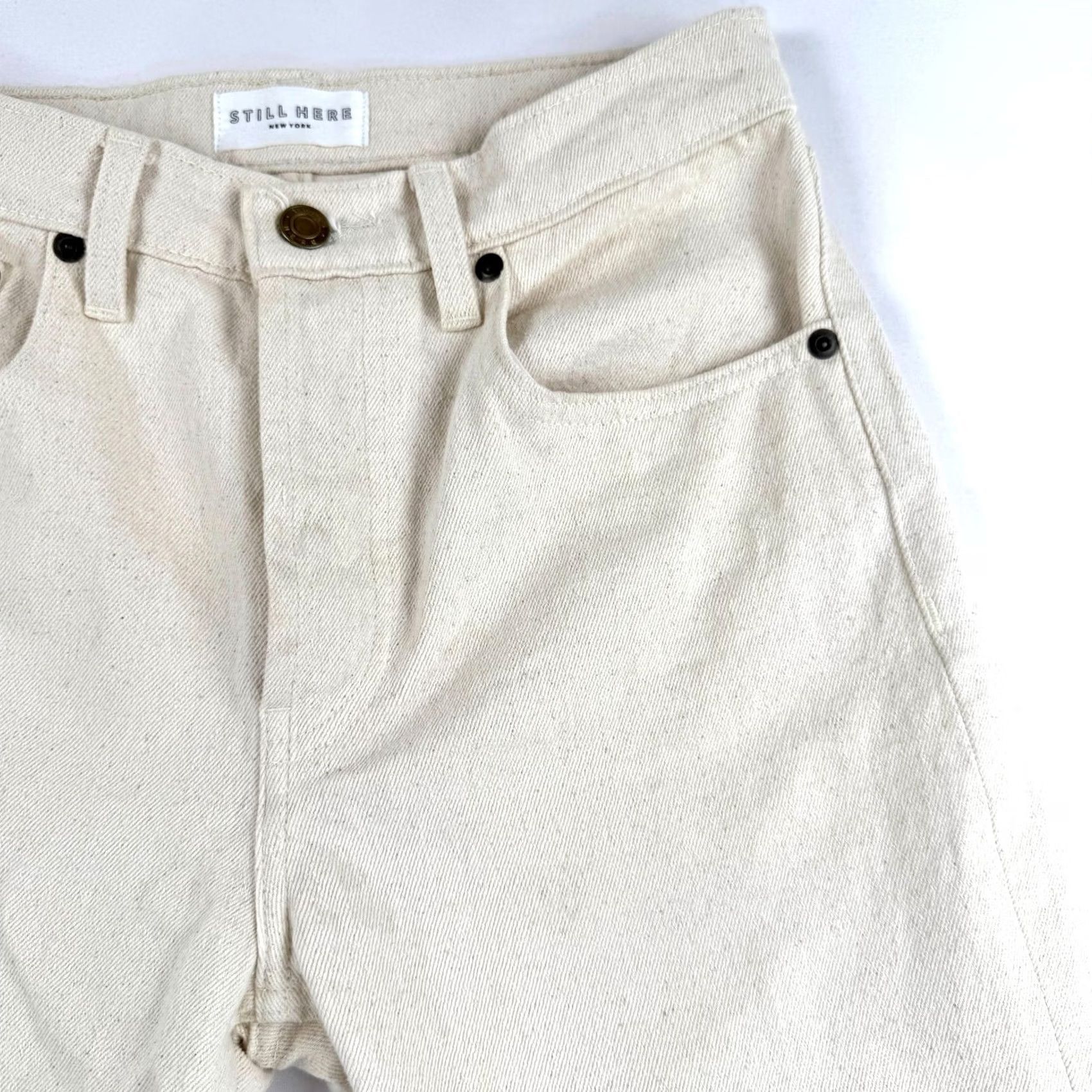 Still Here Still Here Jeans Womens 25 Ivory Bone Striped High Rise Denim Cotton 5-Pocket Logo Button Straight Vintage? Size 42" / US 20 - 4 Thumbnail