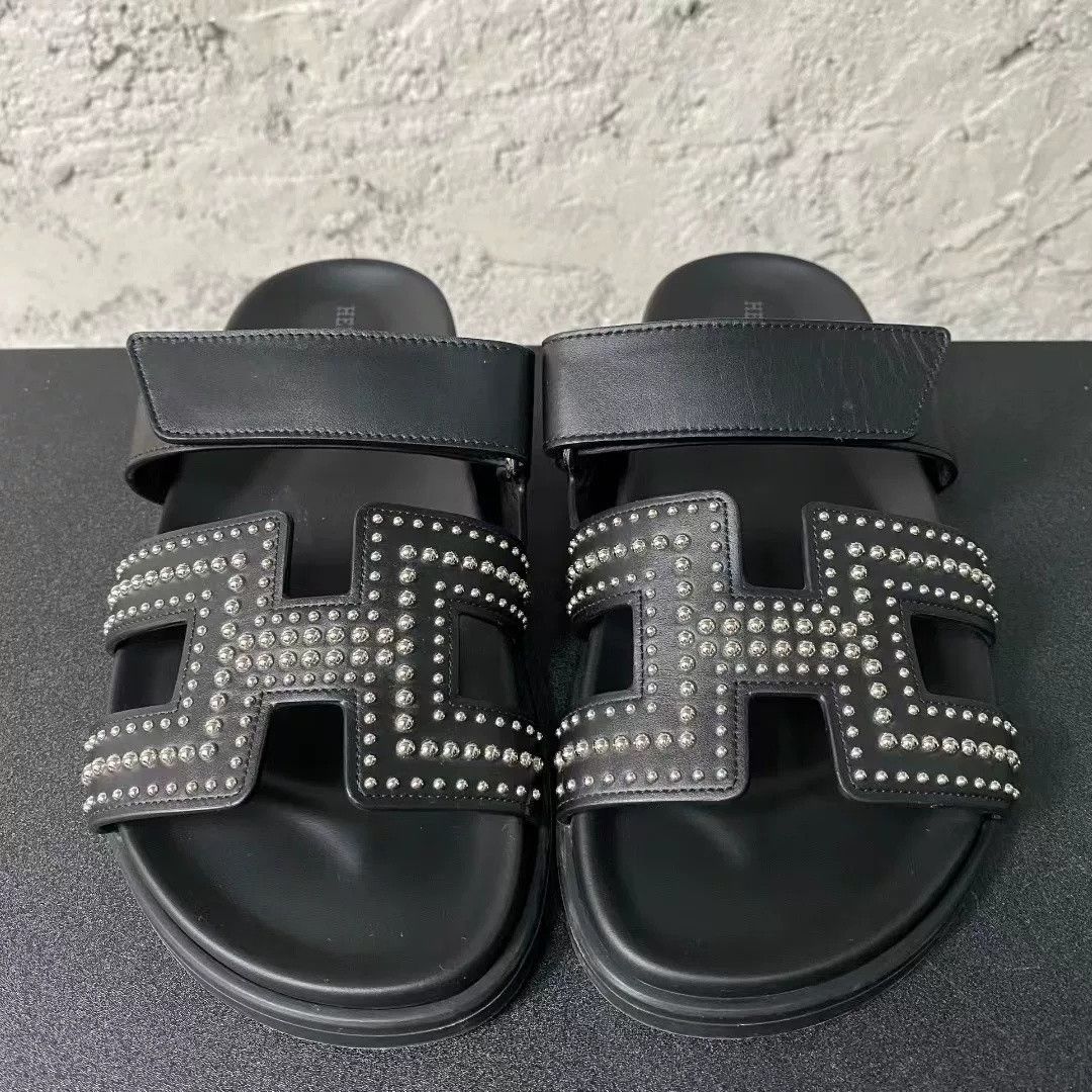 Hermes Hermes Black Silver Rivet H Slide Size US 32 / EU 48 - 1 Thumbnail
