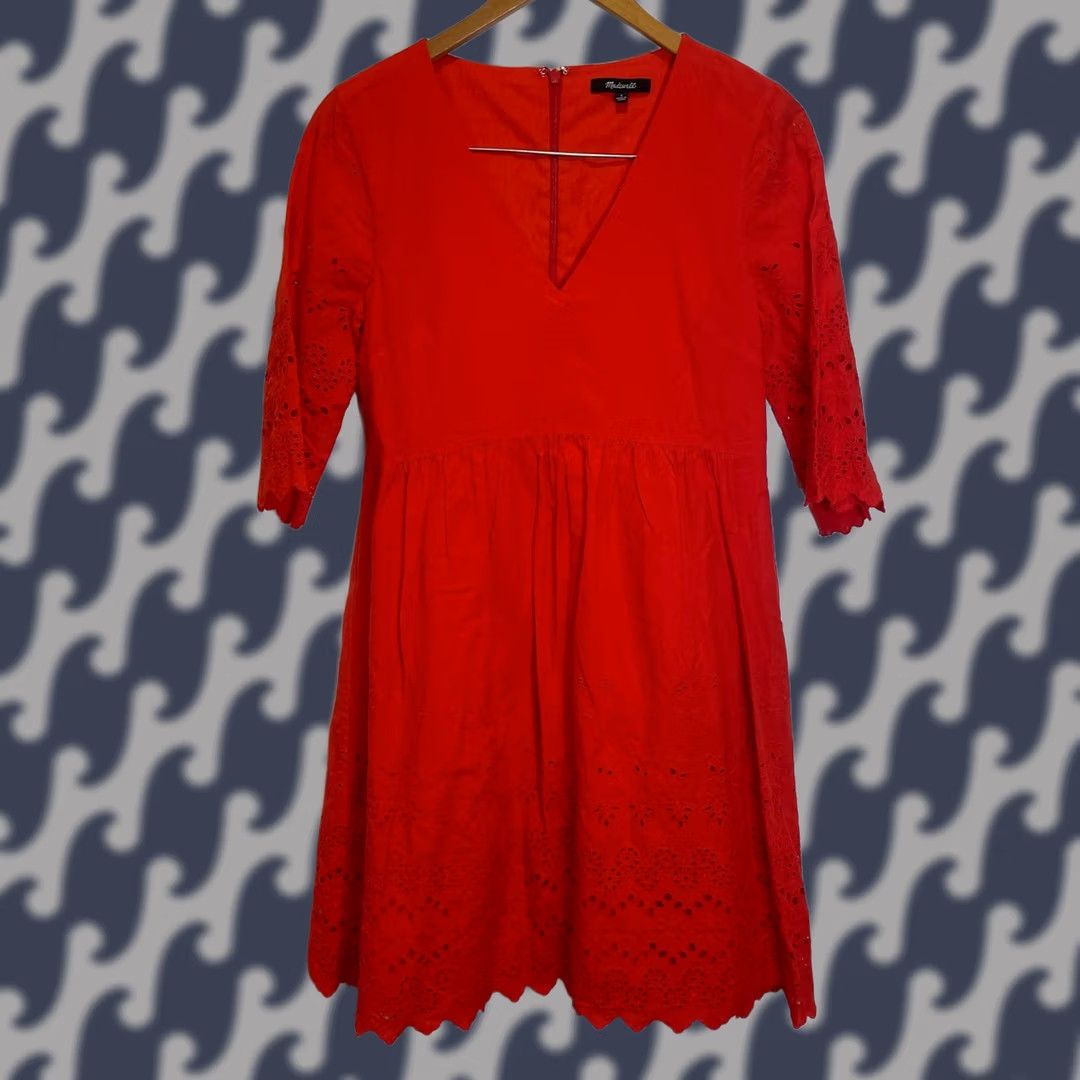 madewell red eyelet dress Madewell Eyelet Daybreak Dress F0952 Linen Blend Red Orange Womens XS