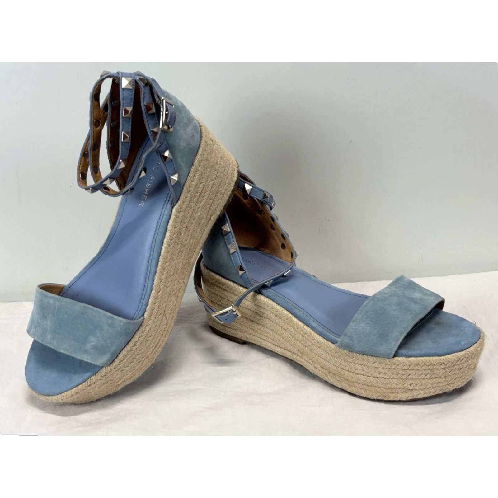Marc Fisher VINTAGE Marc Fisher Women's Espadrille Sandals Blue Leather Mid Heel Size 7 M Flatform Ankle Strap Size US 7 / IT 37 - 2 Thumbnail