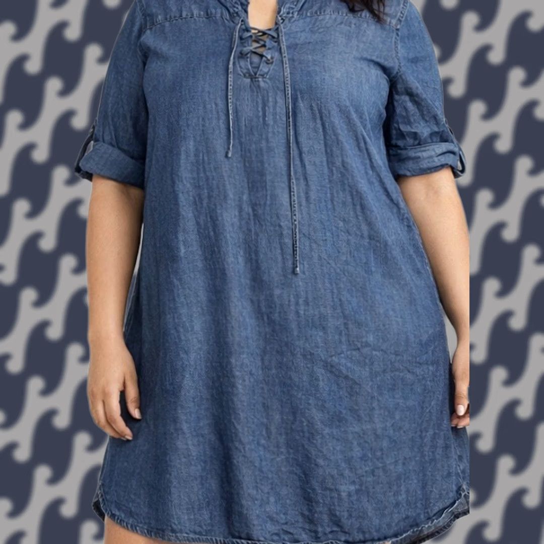 Vintage Philosophy Chambray Dress Womens XXL Blue 100% Tencel Lyocell Roll Tab Sleeve Short Sleeve V-Neck Casual Shift Dress Size XXL / US 16-18 / IT 52-54 - 1 Thumbnail