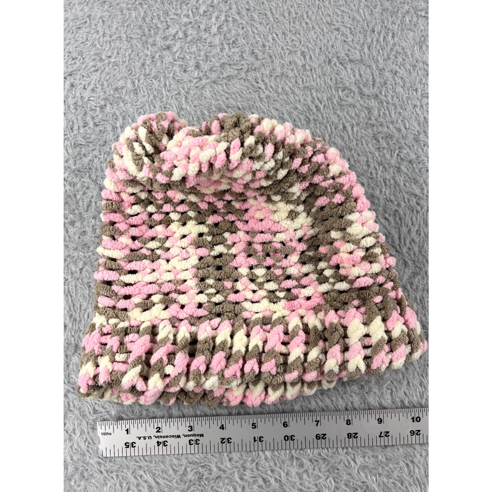 Vintage Handmade Big Beanie Toque Adult One Size Pink Brown Crochet Knit Acrylic Blend Size ONE SIZE - 4 Thumbnail